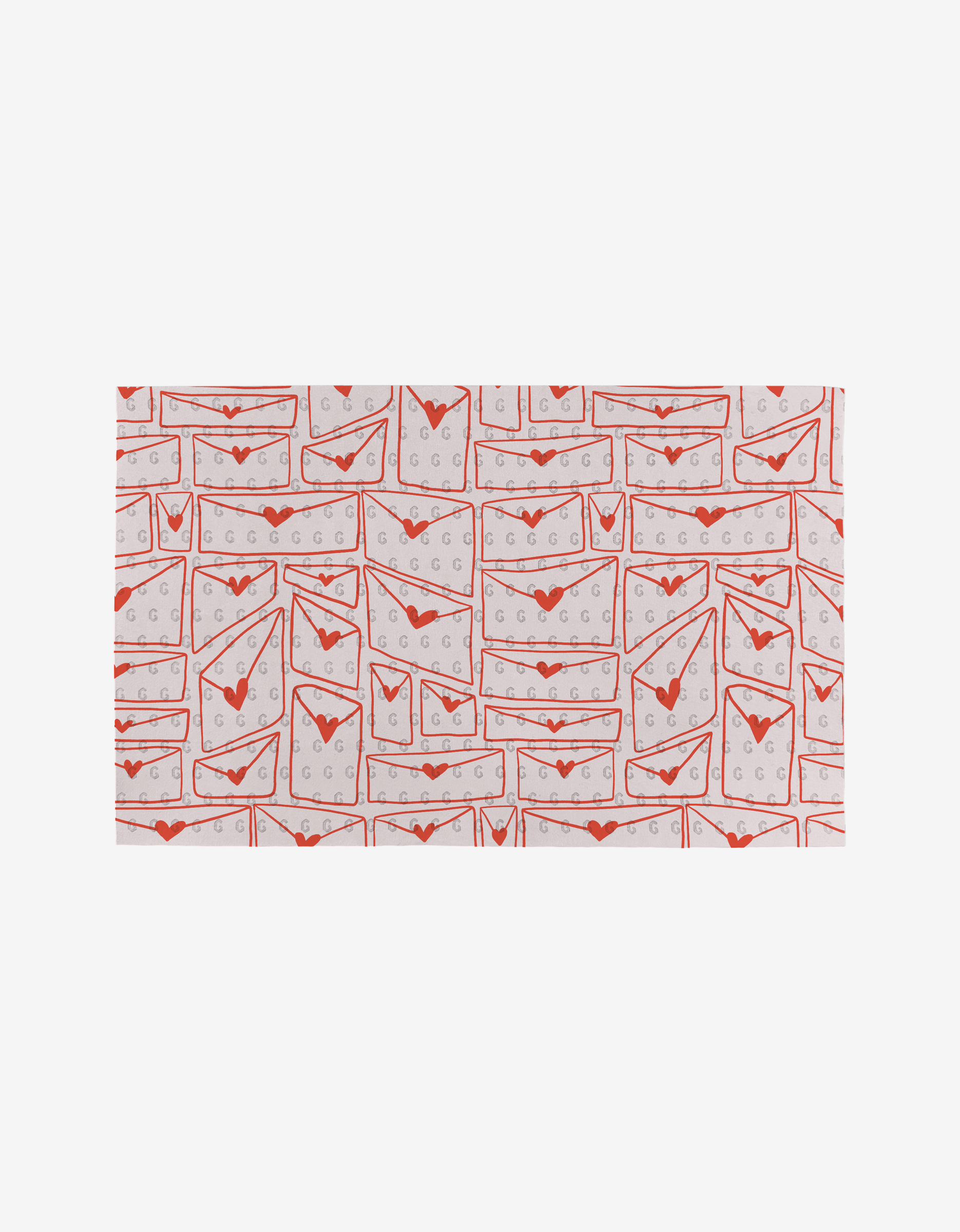 Letters of Love by Kayla Ann is a rectangular fabric with red and white envelopes, red hearts, and G initials on a light background—an eco-friendly choice made from post-consumer recycled materials.