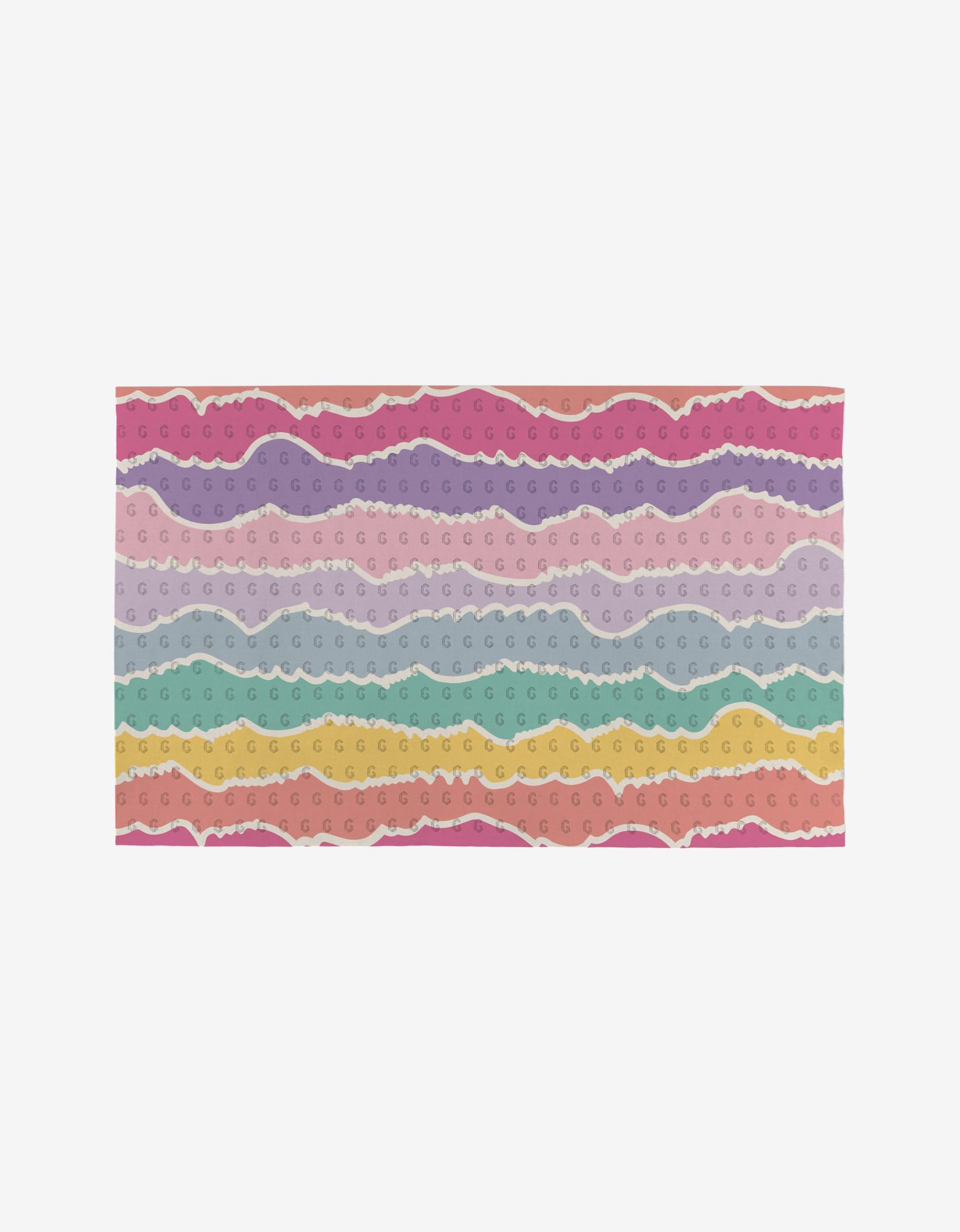 The Rebecca Bobko Lots of Dots mat is a rectangular, reusable mat with wavy pastel stripes in pink, purple, blue, green, and yellow—each stripe features repeating “G”s and a torn-paper texture. An eco-friendly alternative to paper towels.