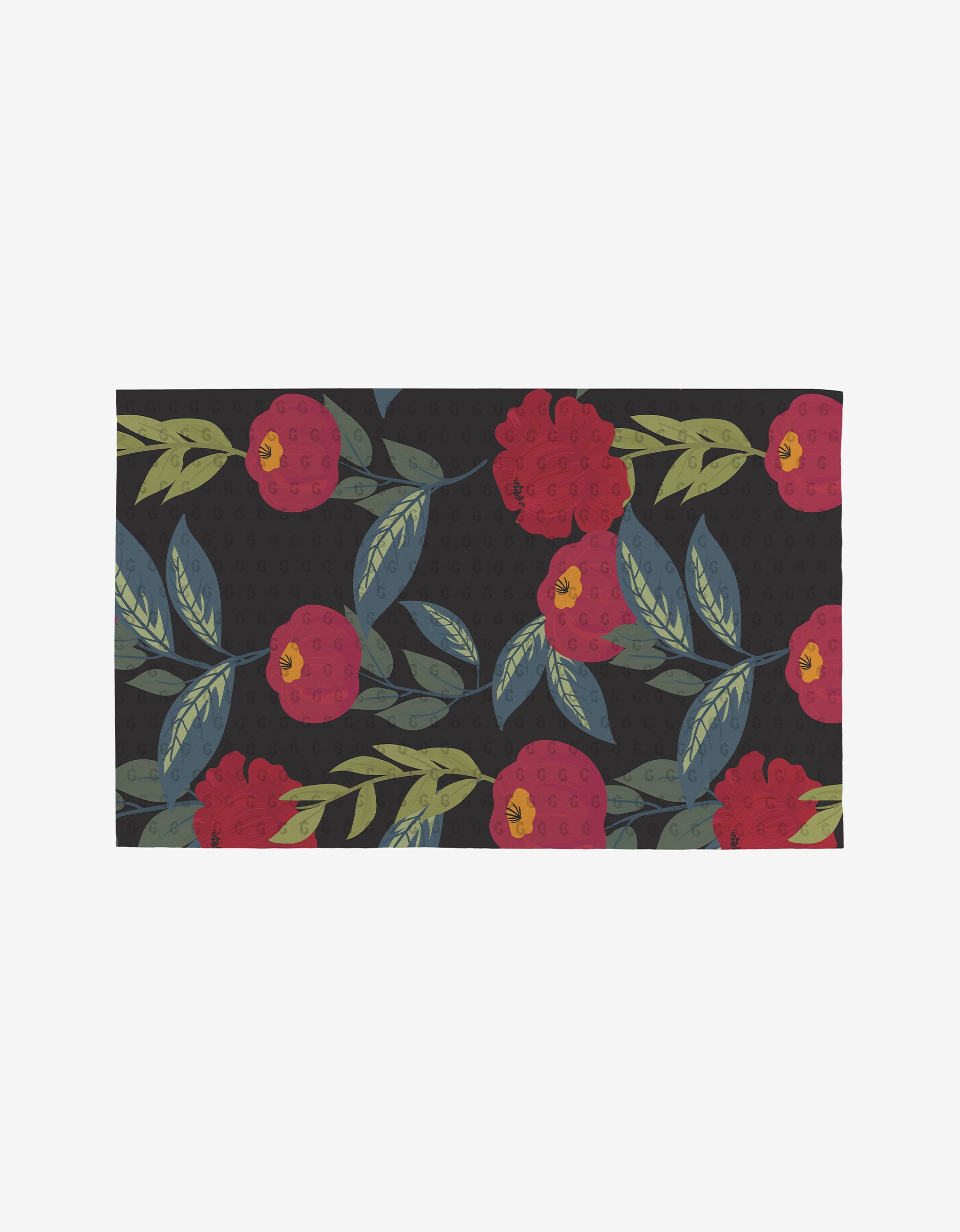Lovely Night by GEOMETRY: A rectangular, reusable dark fabric towel featuring large red camellia flowers and green leaves on a subtly dotted black background—eco-friendly and not disposable paper towels.