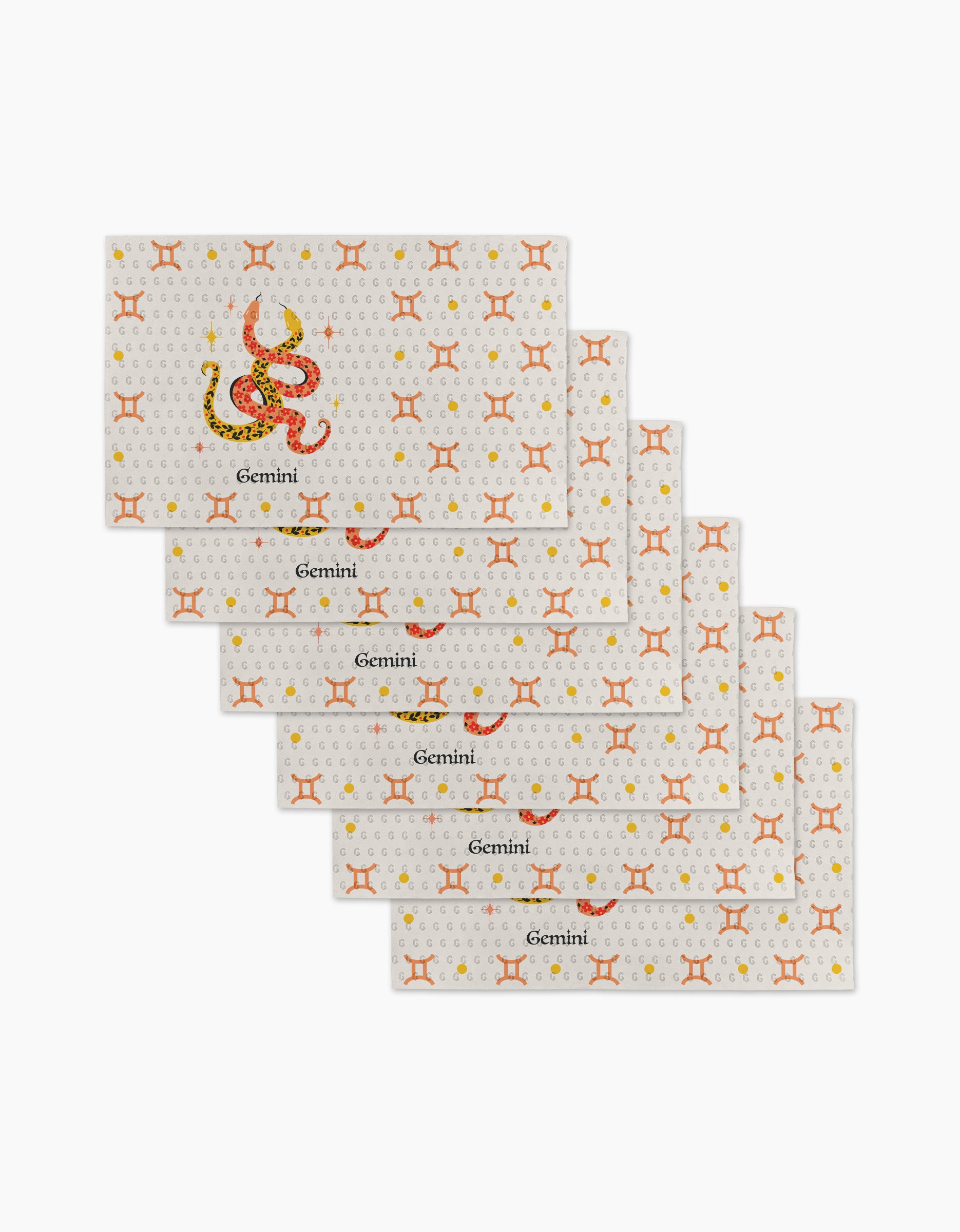 Set your table sustainably with six Lucky Gemini rectangular placemats by Heather Zhou, featuring an illustrated Gemini symbol and orange-yellow stars, designed to pair perfectly with eco-friendly paper towels.