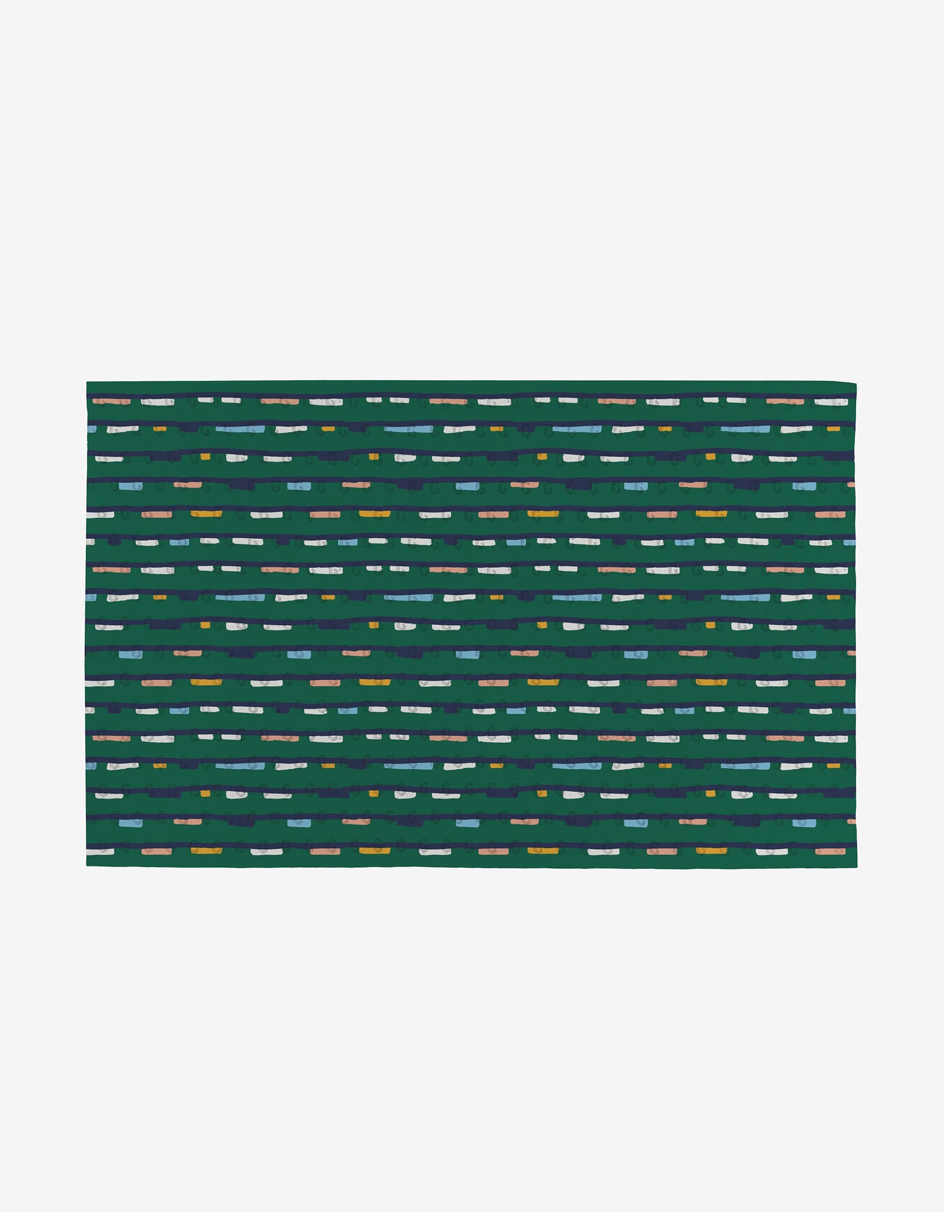 The Magic Field mat by Happy Hemera is a rectangular, flat green mat made from post-consumer recycled materials, featuring rows of evenly spaced blue, white, yellow, and gray dashes on a plain white background.