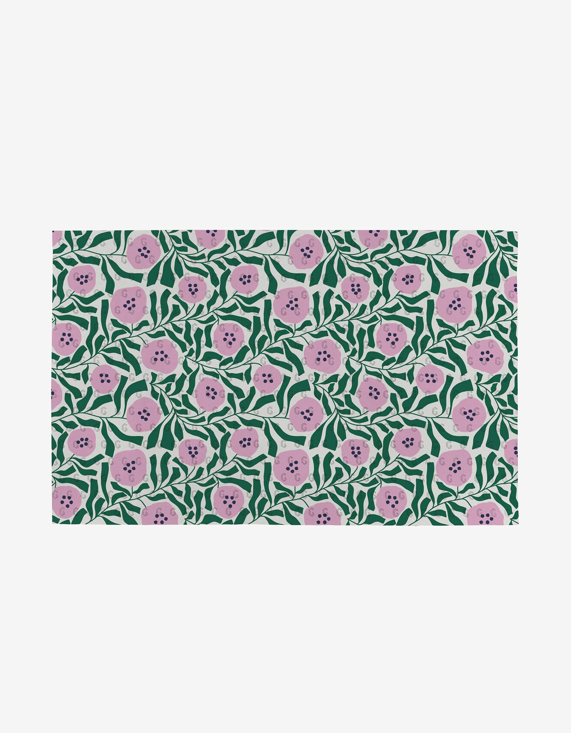 Magic Field by Happy Hemera features a vibrant, dense pattern of pink flowers with dark centers and green leaves on white—an eco-friendly alternative to paper towels made from post-consumer recycled materials.