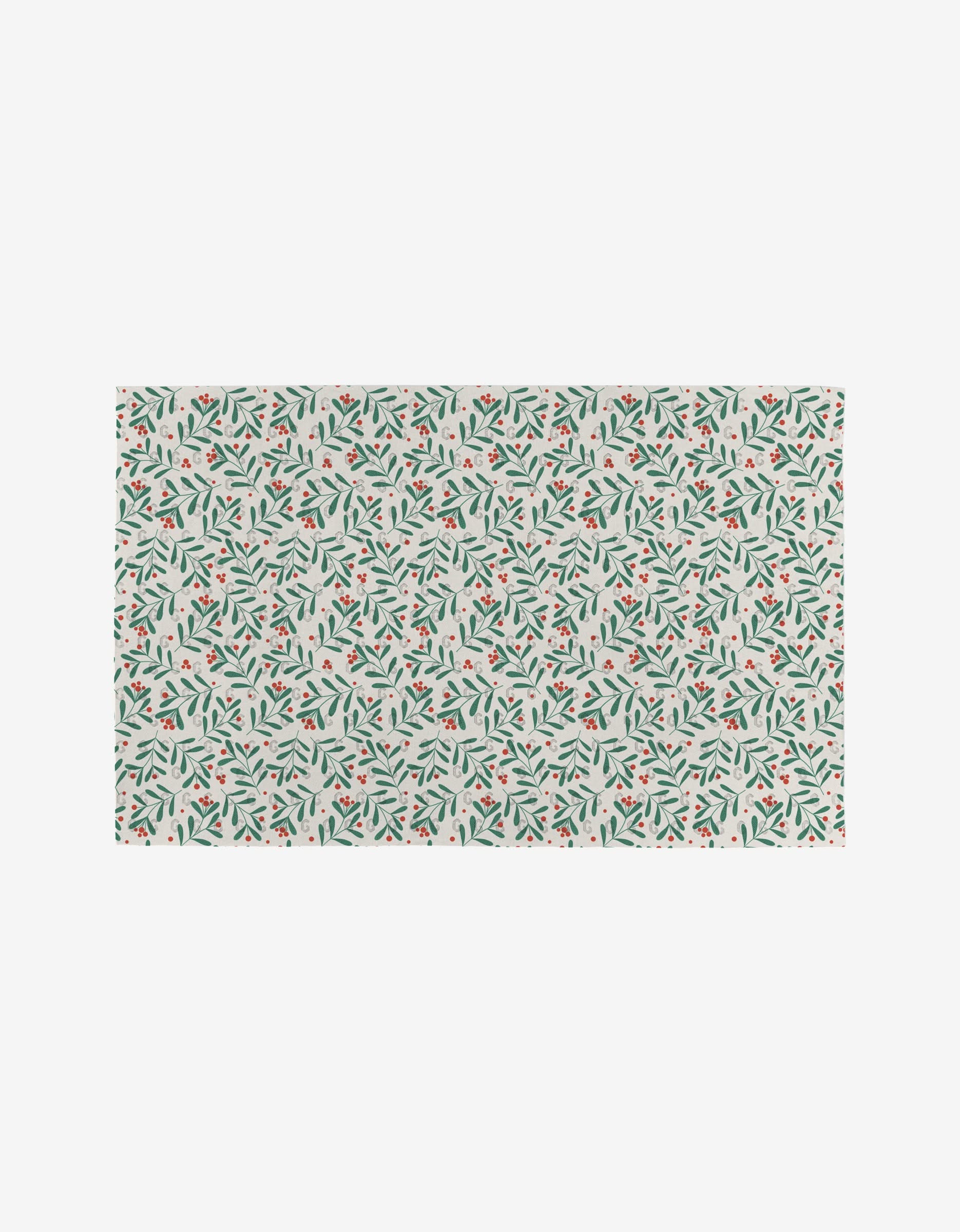 Charlie Rowan Designs Merry Berry: a rectangular mat with a white background and festive green leaves and red berries, crafted from eco-friendly post-consumer recycled materials. Not Paper Towels.