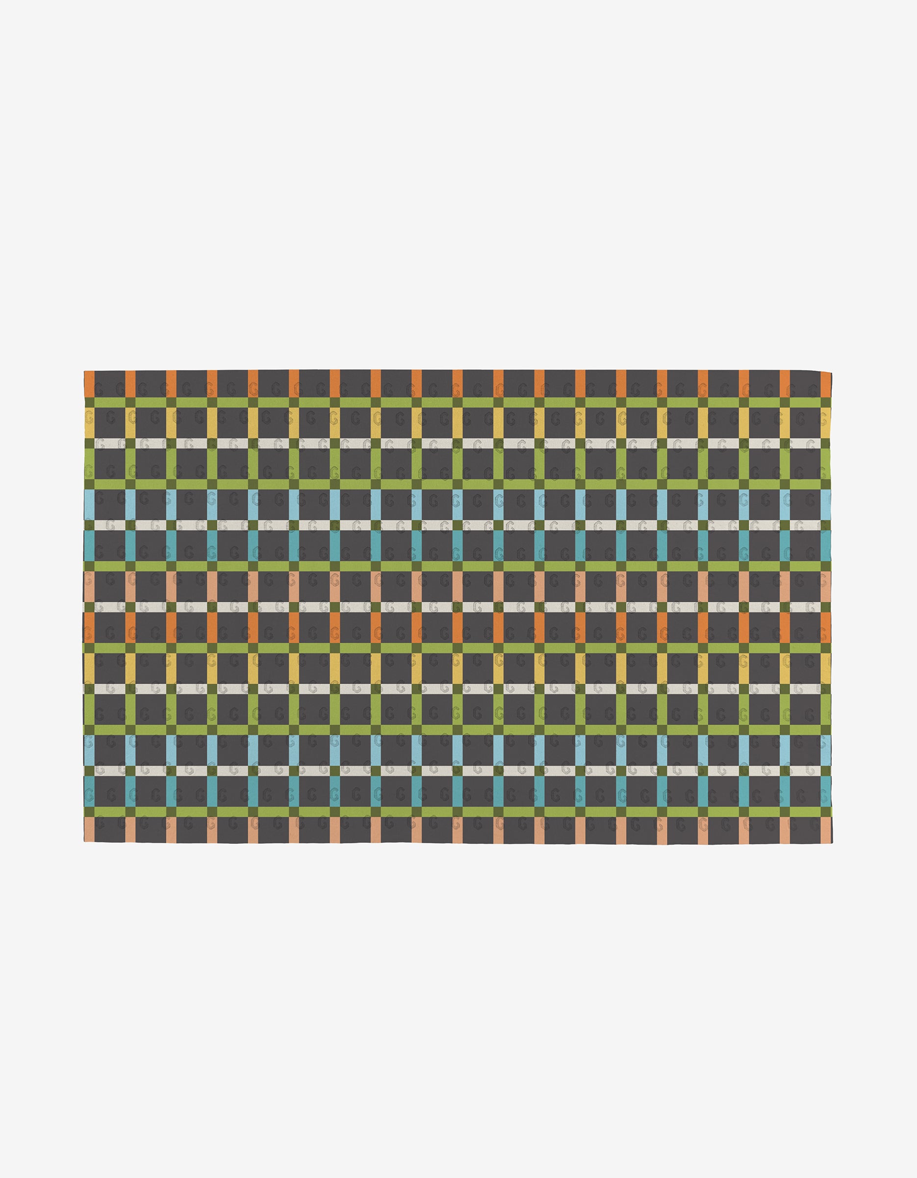 The Mindfulnice Mindful Medley is a reusable, eco-friendly rectangular mat featuring a grid of green, orange, blue, brown, and black geometric shapes on white—perfect for use as Not Paper Towels.
