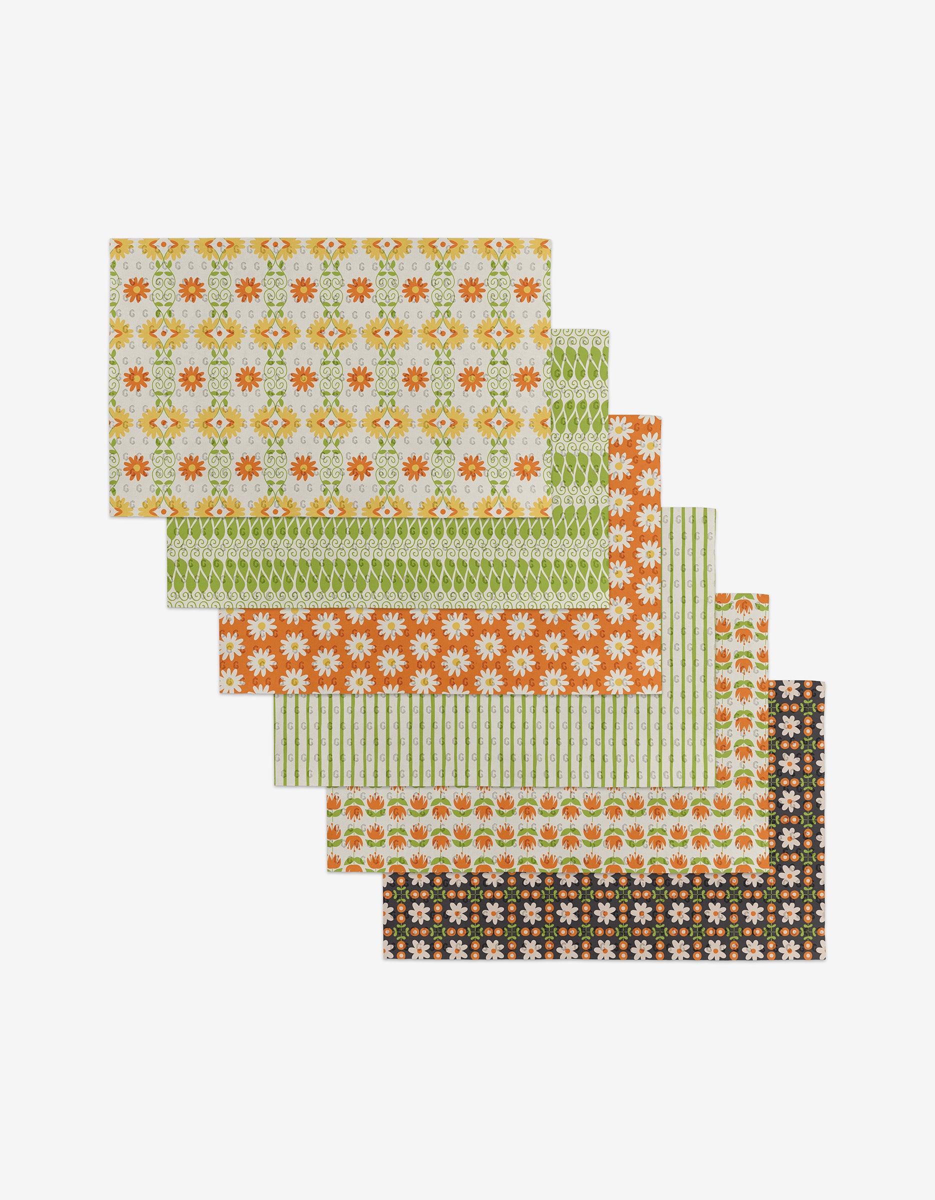 Six Mindful Mix rectangular placemats by Mindfulnice, featuring assorted floral and geometric patterns in orange, green, white, and black—arranged on a white background and crafted from eco-friendly post-consumer recycled materials.
