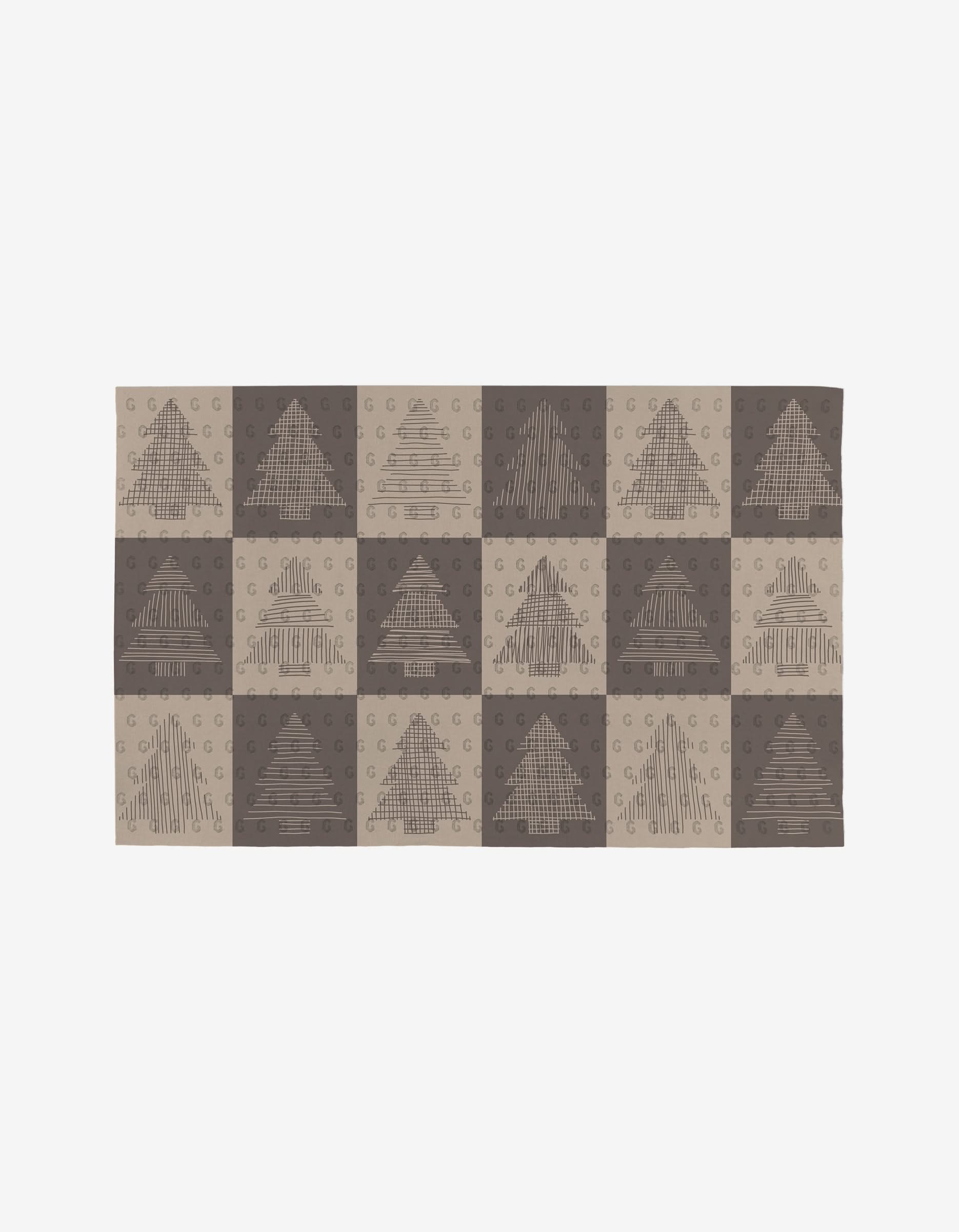 The Minimal Christmas Trees rug by Rosa Kichline features alternating light and dark squares with unique geometric tree designs on a light background—an eco-friendly, reusable accent for your space.