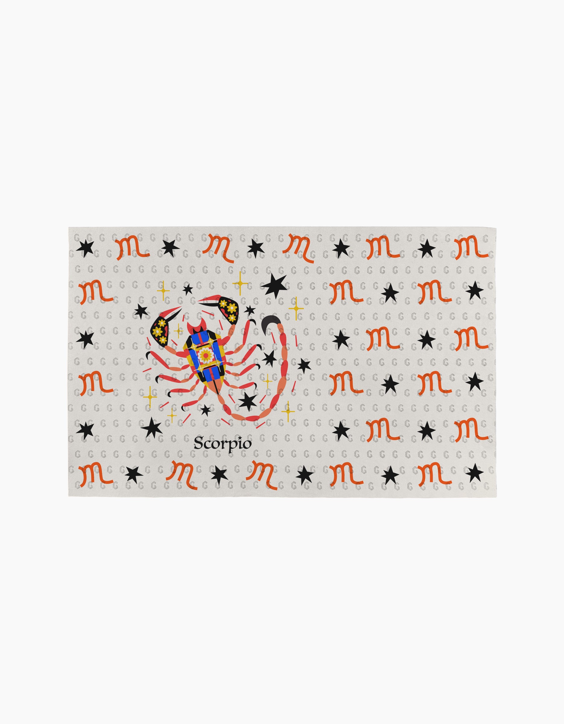 The "Mysterious Scorpio" fabric by Heather Zhou features black stars, red Scorpio zodiac symbols, a vibrant central scorpion with "Scorpio" below it, and a repeating gray G pattern, inspired by eco-friendly kitchen towels.