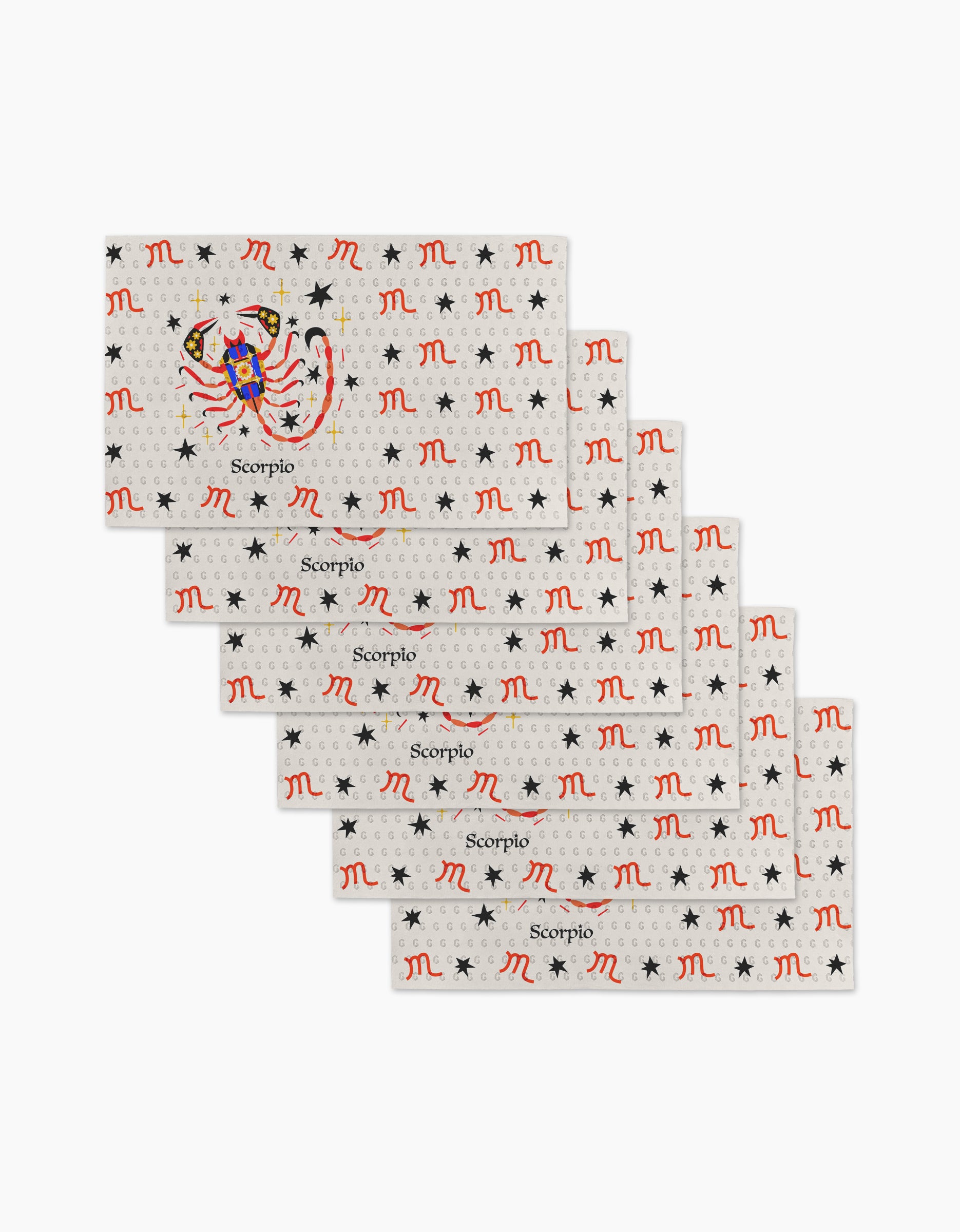 Heather Zhou’s Mysterious Scorpio set includes six eco-friendly paper placemats featuring black stars, red Scorpio zodiac symbols, a vibrant scorpion illustration, and “Scorpio” printed below.