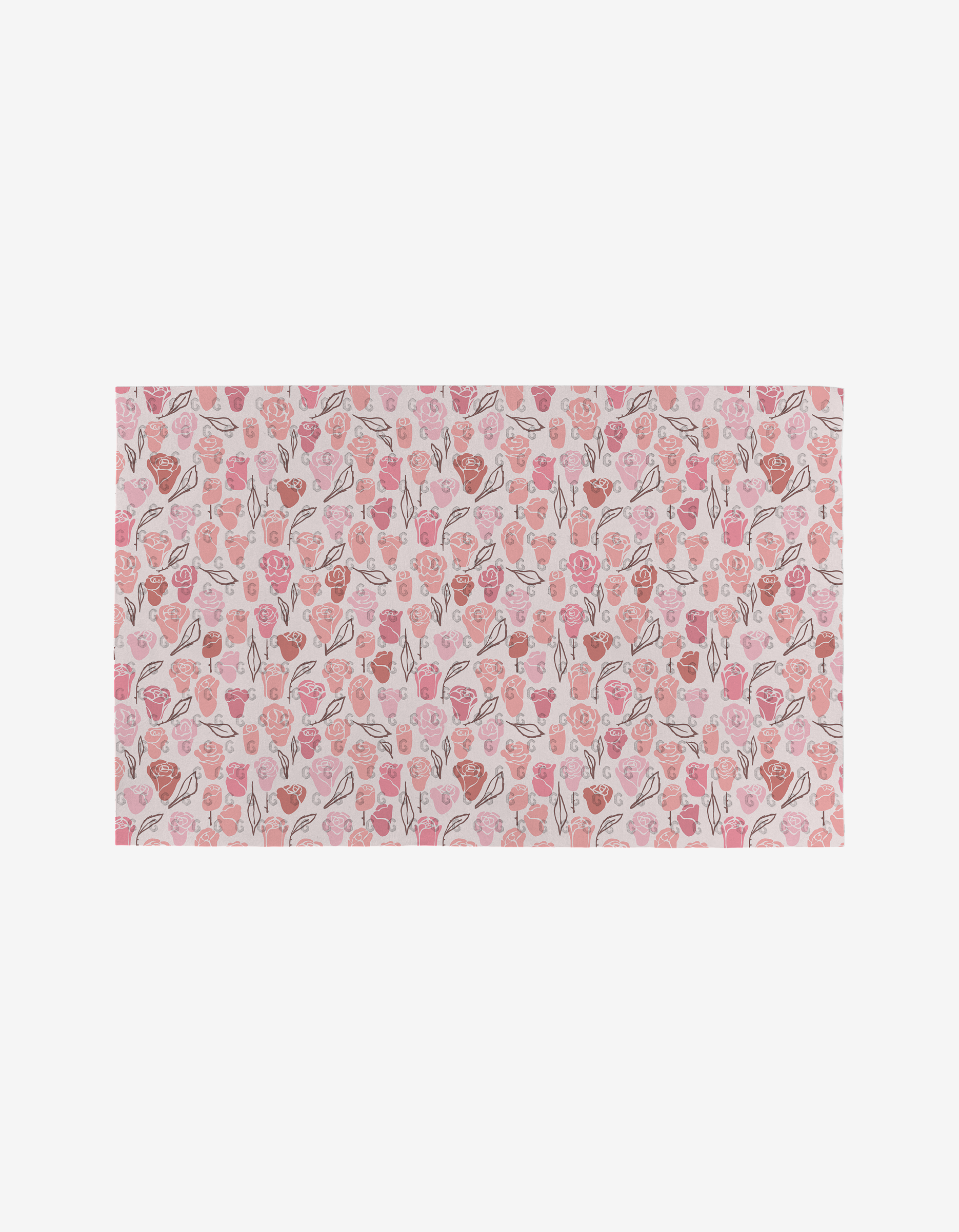 The Neutral Rose by Elisabeth Wing is a rectangular, reusable rug featuring a pink and red leaf and floral pattern on light pink, offering playful charm as an eco-friendly alternative to paper towels.