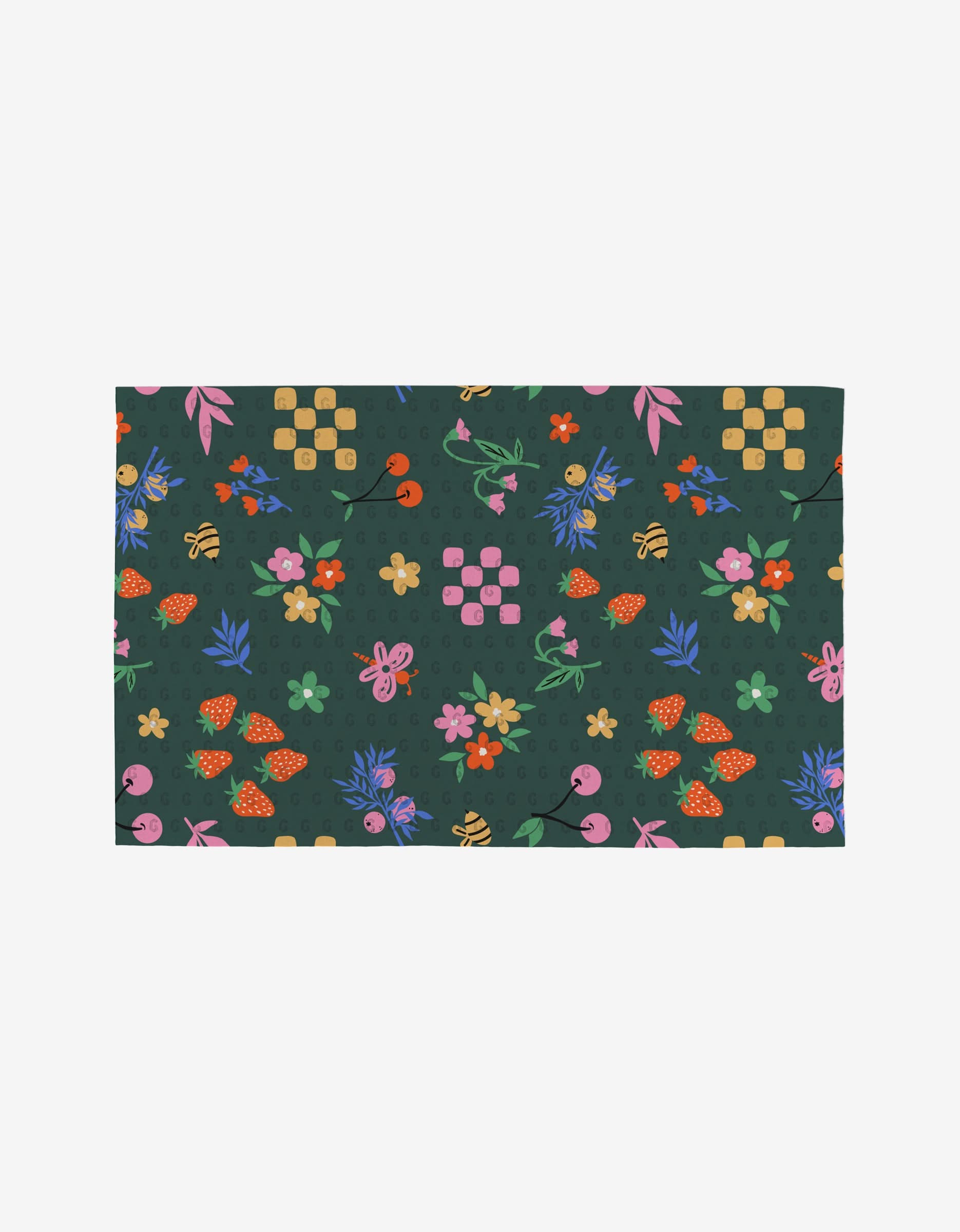 The North Meadow Bright Night mat by Charlie Rowan Designs features a dark green background with strawberries, flowers, bees, cherries, leaves, and checks—crafted from post-consumer recycled materials for an eco-friendly touch.