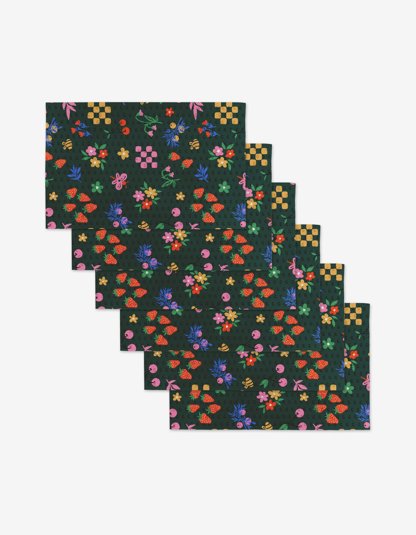 Six North Meadow Bright Night rectangular placemats by Charlie Rowan Designs feature a dark base with vibrant red, green, yellow, blue, and pink floral and geometric patterns. Made from post-consumer recycled materials, they’re shown in a staggered layout.