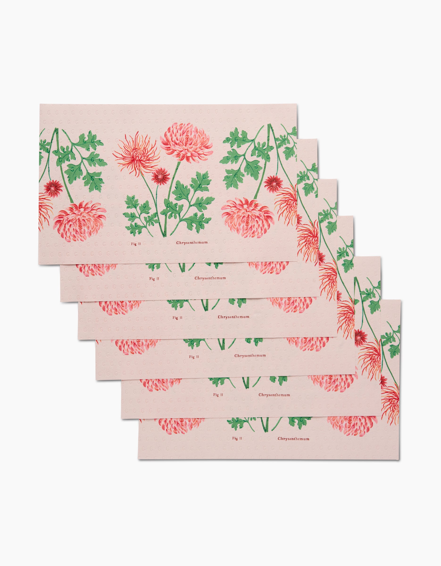 Six rectangular November Chrysanthemum cards by Linda Fox, featuring pink and red chrysanthemum flowers with green leaves on a light pink background, are made from eco-friendly post-consumer recycled materials.