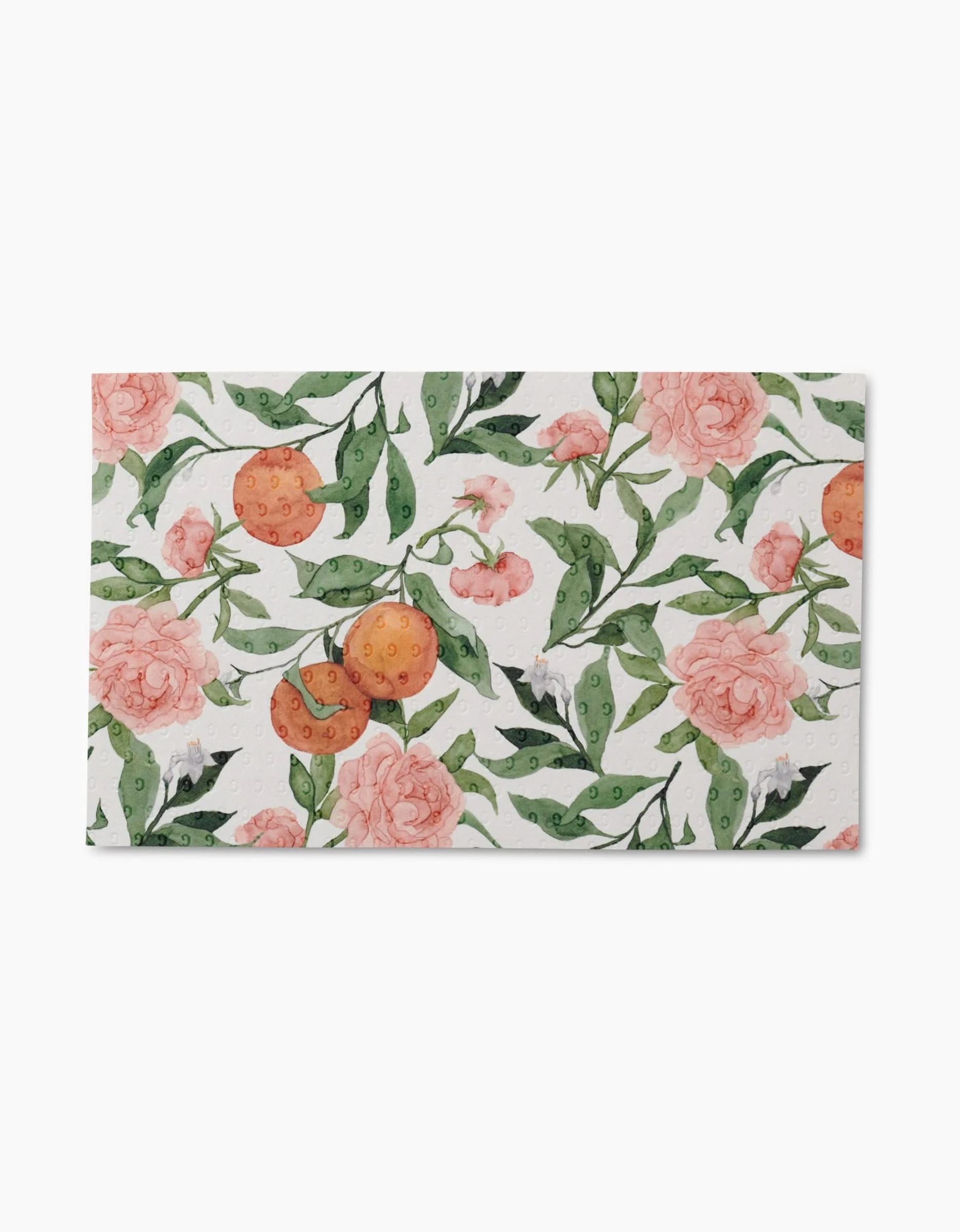 Peony For Your Thoughts by Aubrey Fairchild features pink peonies, green leaves, and orange citrus clusters on white—ideal for eco-friendly reusable paper towels.