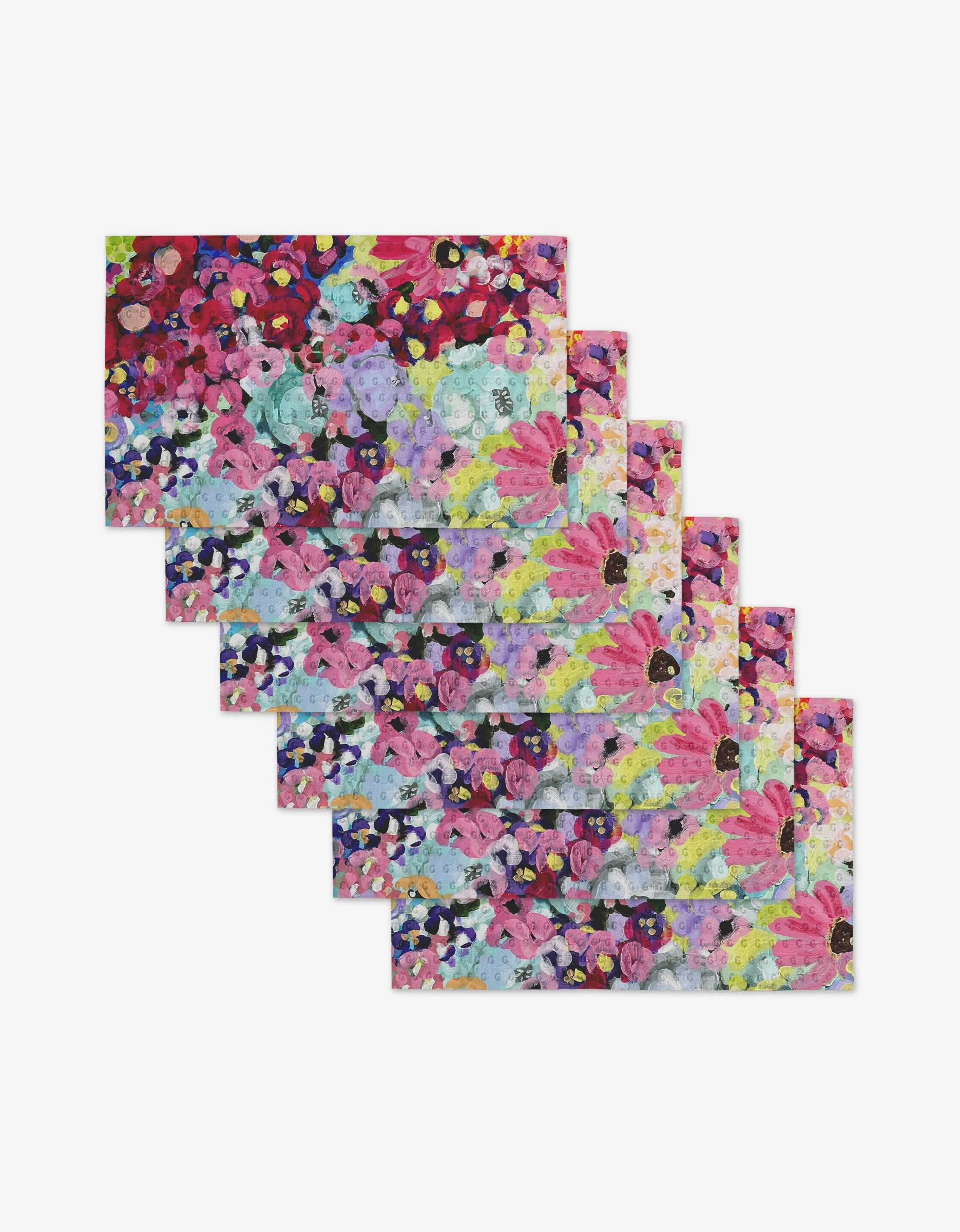 Six rectangular Pink Fields of Joy cards by Ania Zwara Art feature vibrant abstract florals in pink, red, yellow, green, blue, and purple. Cascading on white—these are reusable, environmentally friendly alternatives to paper towels.