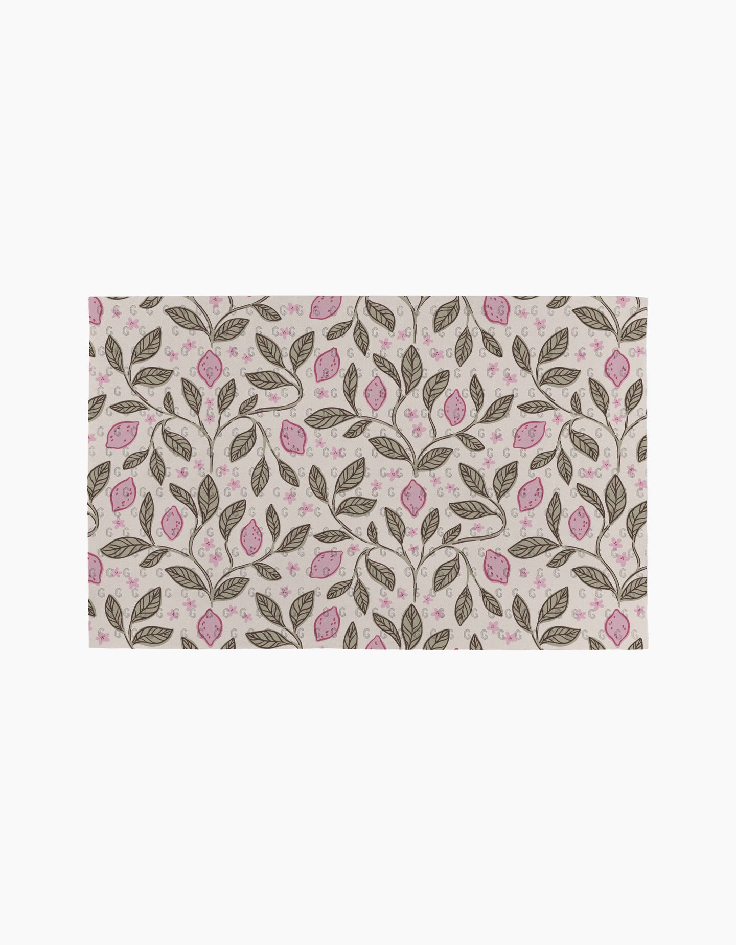 Pink Summer Lemons by Teri the Butter: A rectangular fabric featuring a repeating pink lemon and floral pattern on light beige—ideal for eco-friendly kitchen towels or reusable paper towels.