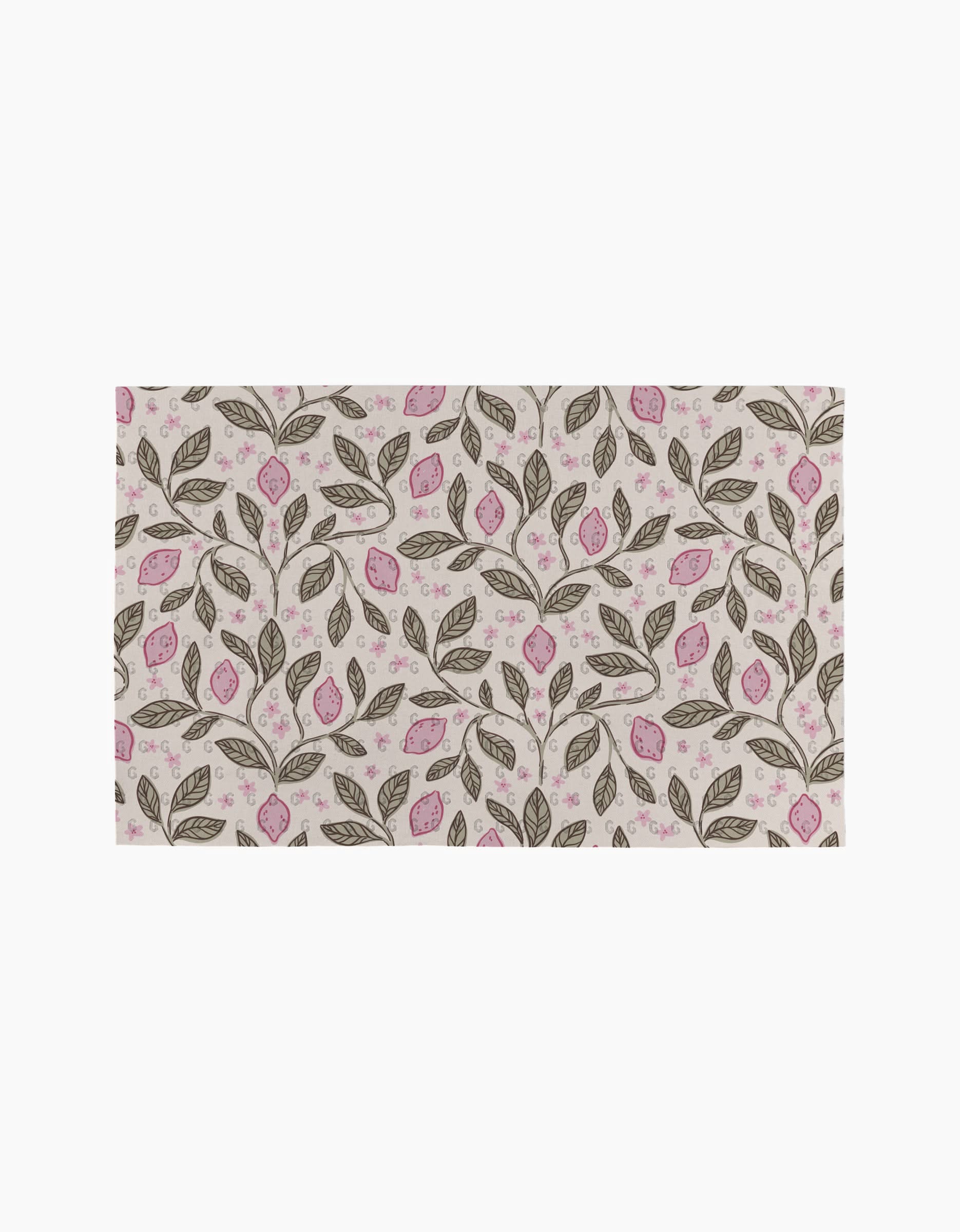 Pink Summer Lemons by Teri the Butter: A rectangular fabric featuring a repeating pink lemon and floral pattern on light beige—ideal for eco-friendly kitchen towels or reusable paper towels.