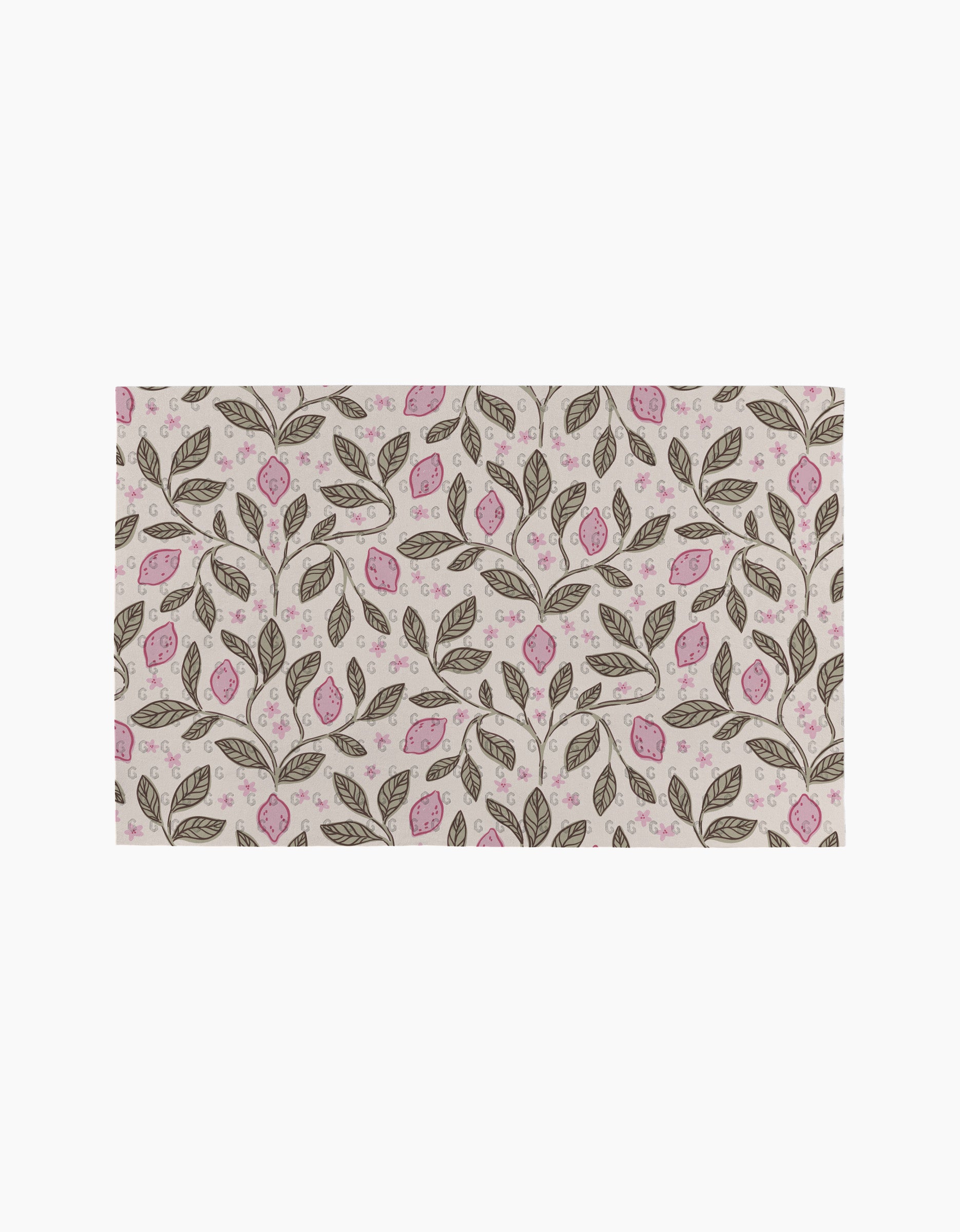 Pink Summer Lemons by Teri the Butter: A rectangular fabric featuring a repeating pink lemon and floral pattern on light beige—ideal for eco-friendly kitchen towels or reusable paper towels.