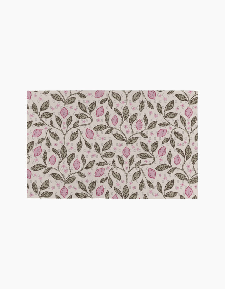 Pink Summer Lemons by Teri the Butter: A rectangular fabric featuring a repeating pink lemon and floral pattern on light beige—ideal for eco-friendly kitchen towels or reusable paper towels.