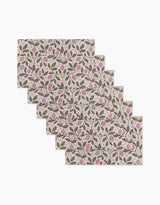 Six rectangular placemats—Pink Summer Lemons by Teri the Butter—feature a repeating pattern of green leaves and pink flowers on a light background, made from eco-friendly kitchen towels for sustainable dining.