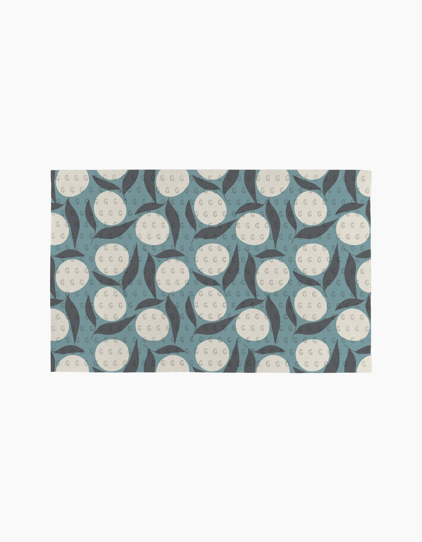 Polka Dot Blooms by Lizzie Clark features a repeating geometric pattern of cream circles with small dots and blue, dark gray crescents on a light background—ideal for pairing with eco-friendly or reusable paper towels.