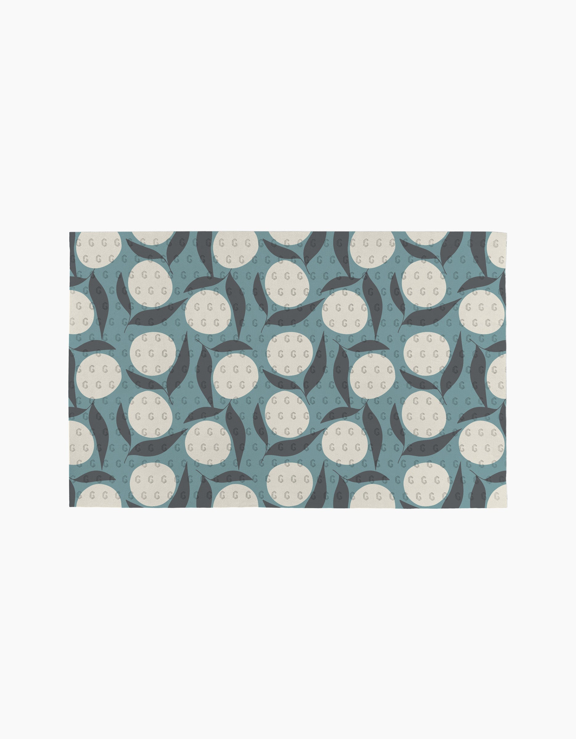 Polka Dot Blooms by Lizzie Clark features a repeating geometric pattern of cream circles with small dots and blue, dark gray crescents on a light background—ideal for pairing with eco-friendly or reusable paper towels.