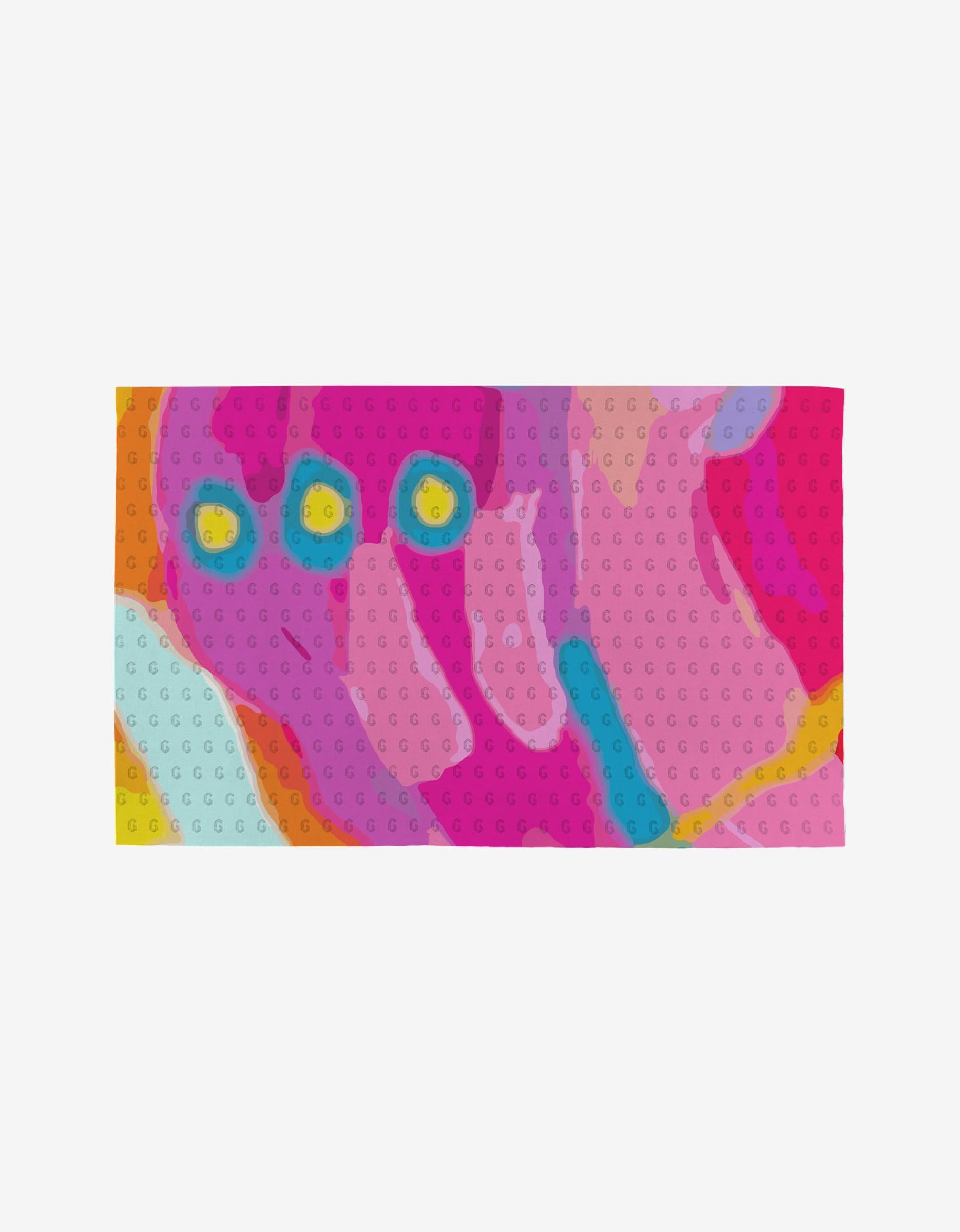 “Positive Vibes” by Sareka Unique features vibrant, overlapping shapes in pink, purple, red, orange, and blue with three yellow-centered circles on the left atop a dotted LEGO-like texture—modern and eco-friendly design.