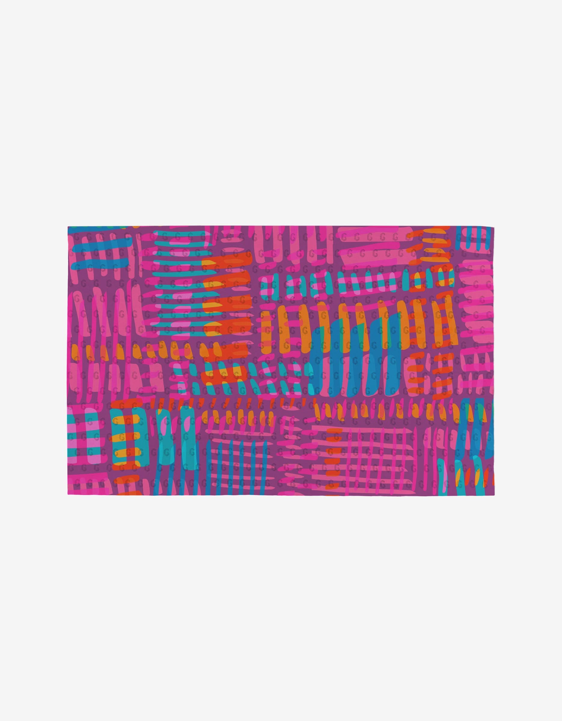 Positive Vibes by Sareka Unique is a rectangular artwork with a vibrant grid of pink, purple, orange, blue, and turquoise lines on white. Its abstract design is eye-catching and eco-friendly—this isnt your average paper towel!.