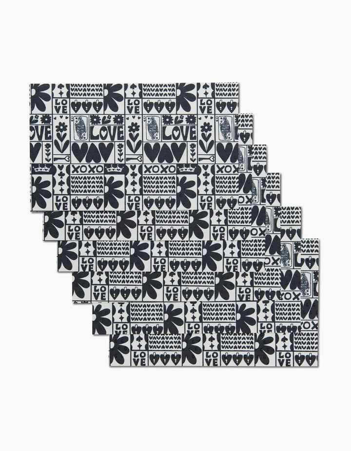 Queen of Hearts by Kayla Ann features black and white diagonal tiles with hearts, flowers, and bold LOVE, XOXO, and WOW patterns—ideal for reusable paper towel-inspired designs.