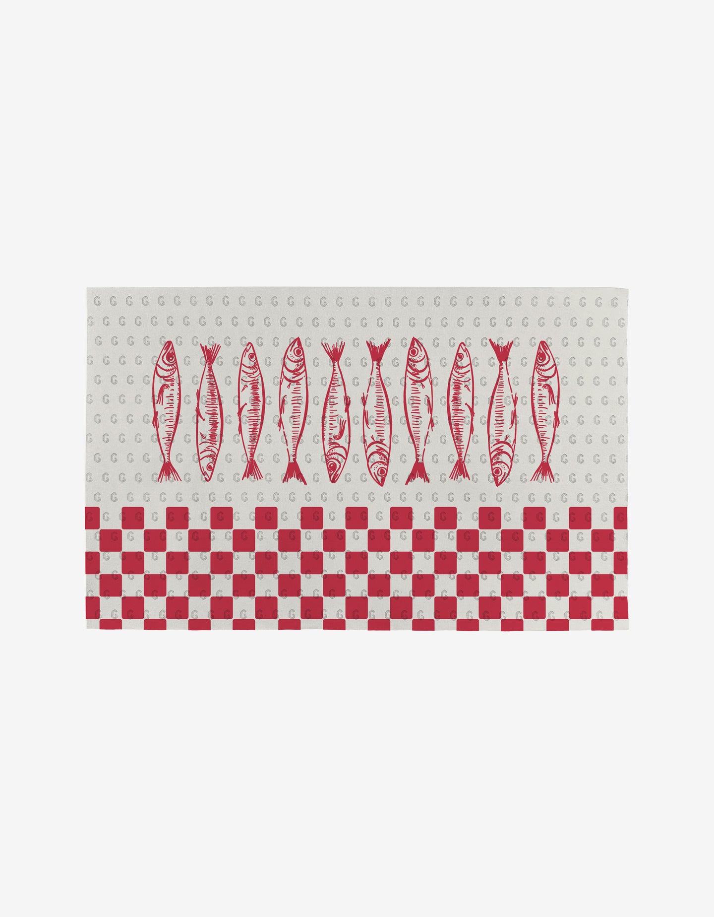 The Hufton Studio Sardine Check Red is a rectangular cloth made from eco-friendly recycled materials, showcasing red fish above a red and white checkerboard on a light gray background with small repeating Gs.