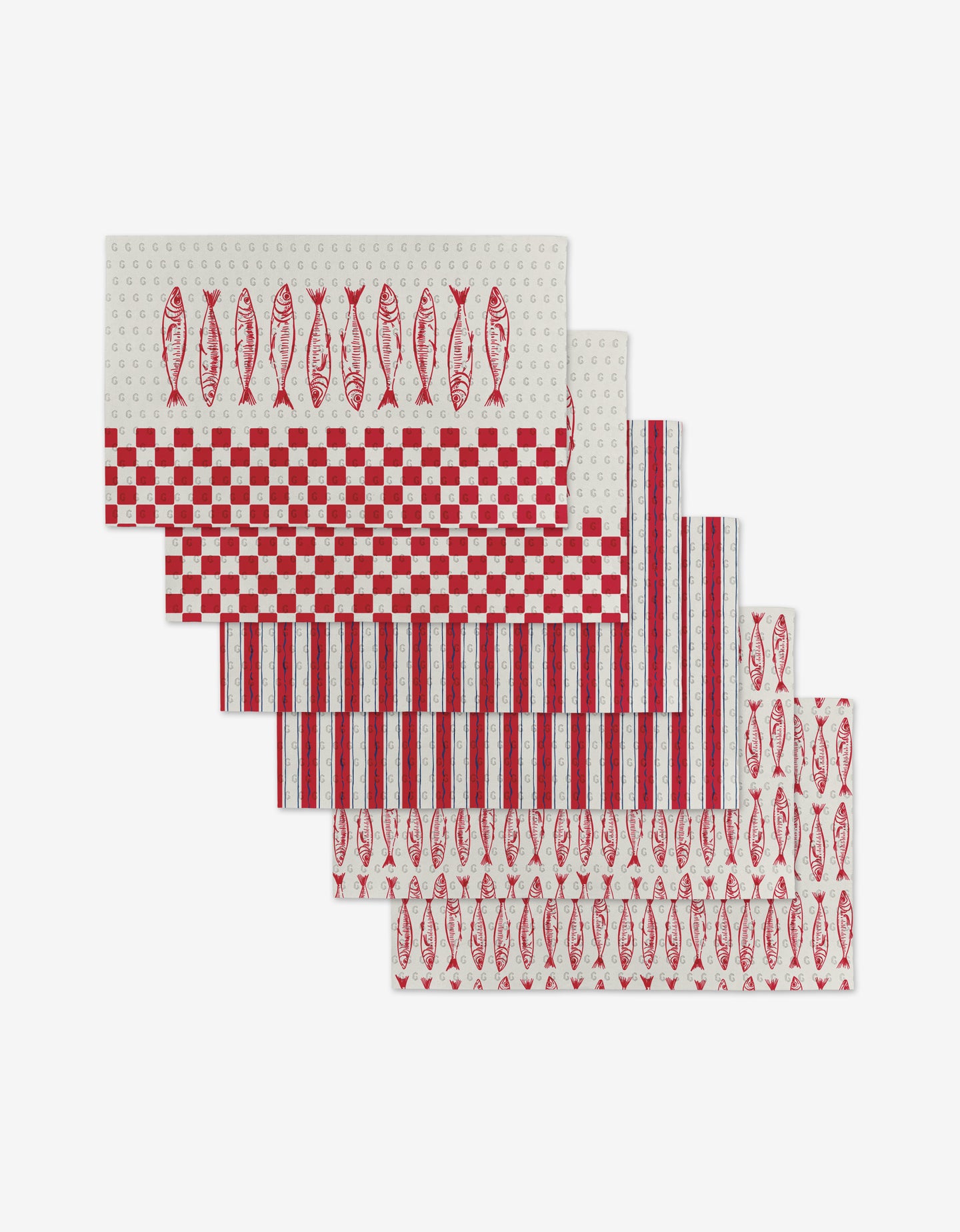 The Hufton Studio Sardine Check Red set includes six eco-friendly kitchen towels in red and white patterns—fish, checks, and stripes—artfully fanned out. A stylish, reusable alternative to paper towels.