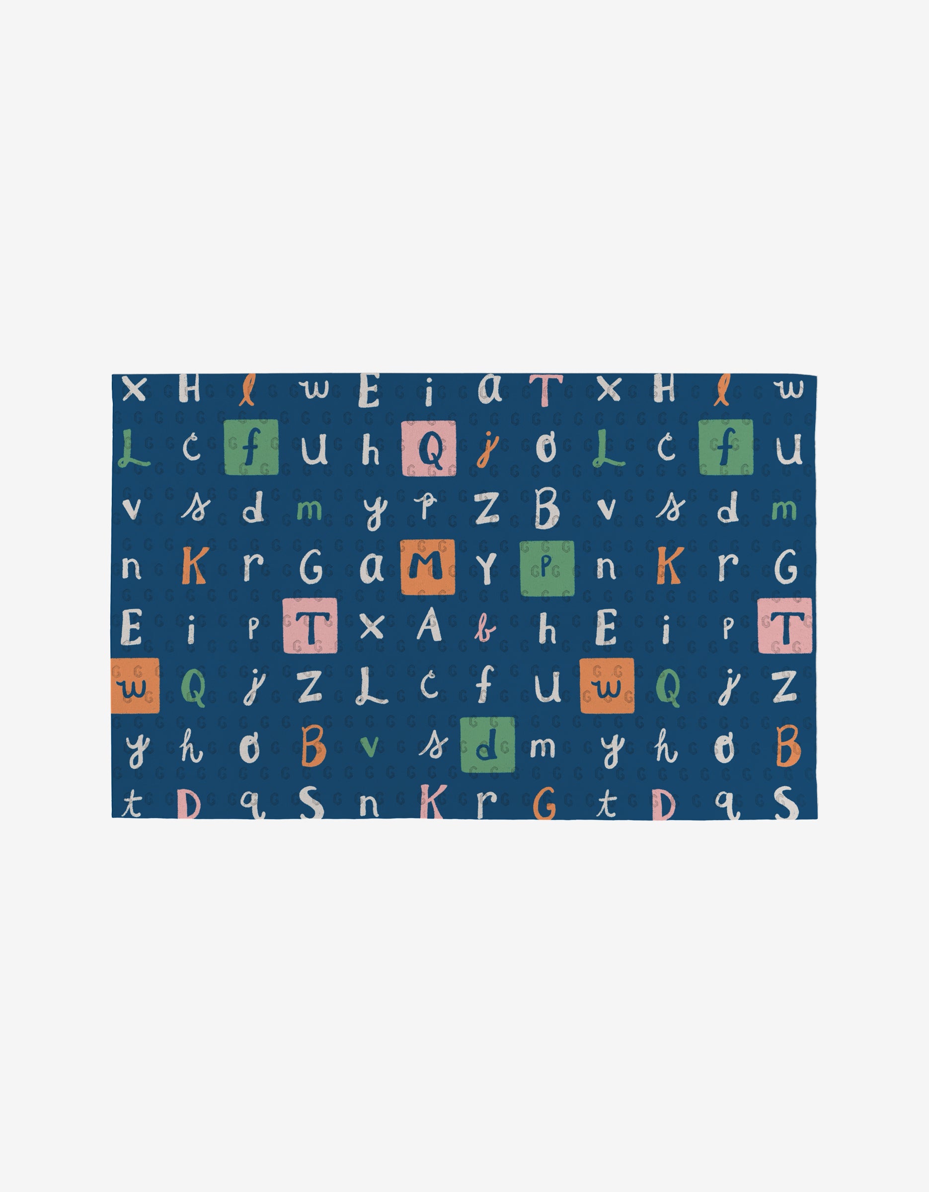 The School Days rug by Amy MacCready is a blue rectangular mat with colorful scattered uppercase and lowercase letters, some highlighted in orange, green, and pink boxes, made from post-consumer recycled materials for eco-friendliness.