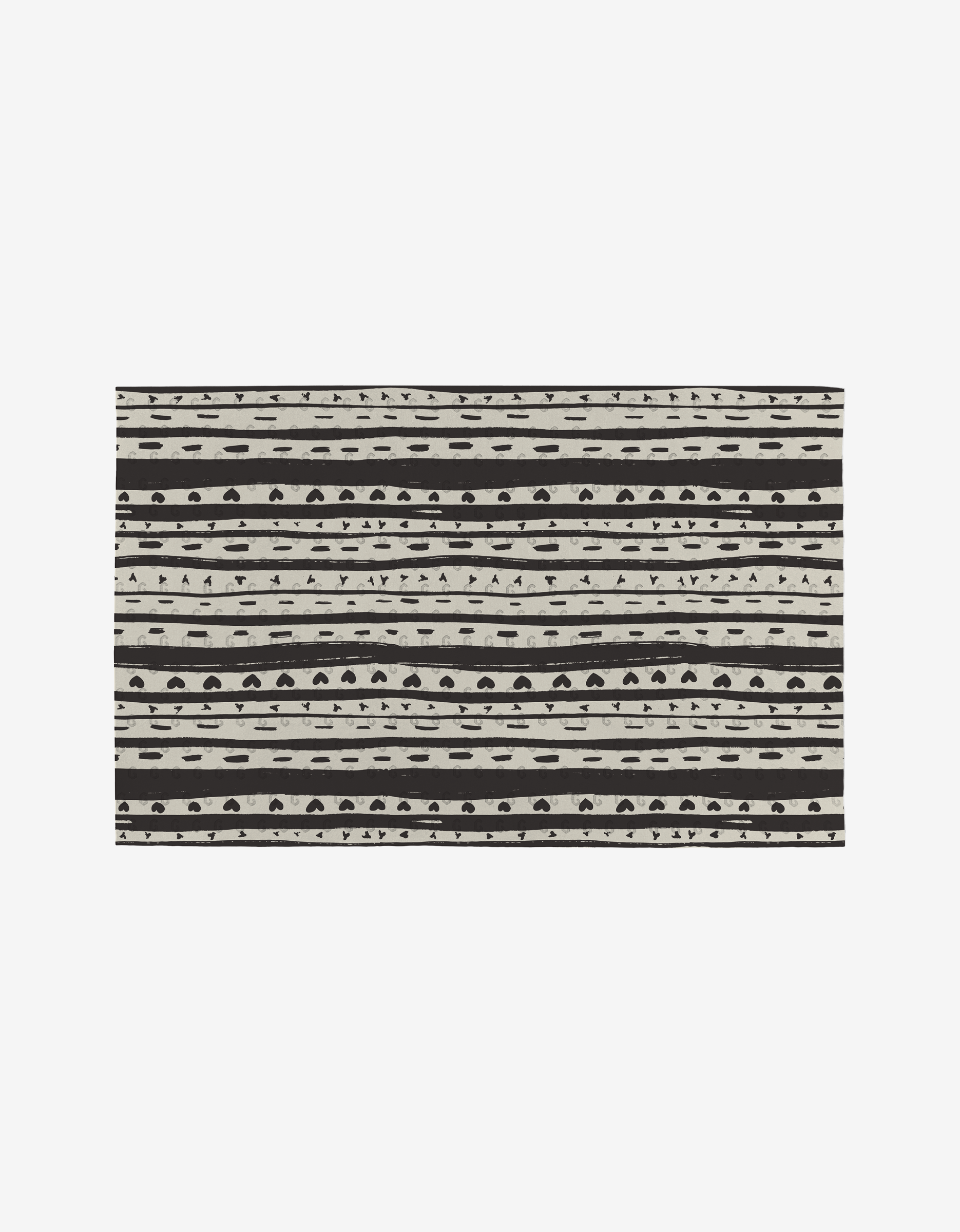 The Self Love rug by Danelys Sidron features hand-drawn black and white horizontal stripes with geometric patterns on a white background, crafted from eco-friendly post-consumer recycled materials.