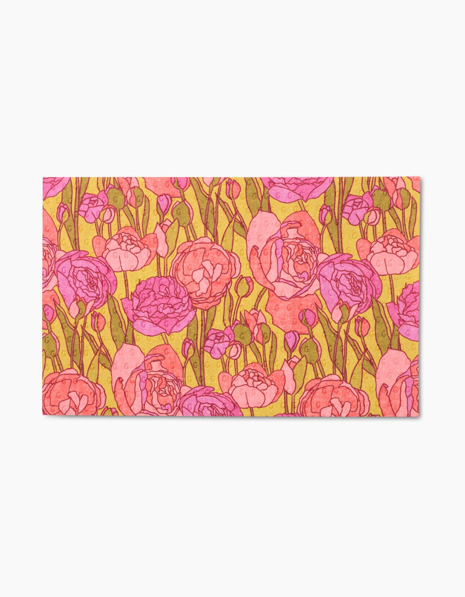 The Sidney mat by Amy MacCready showcases a vibrant floral pattern with pink, purple, and red flowers on green stems over a warm yellow background—crafted from recycled materials for an eco-friendly touch.