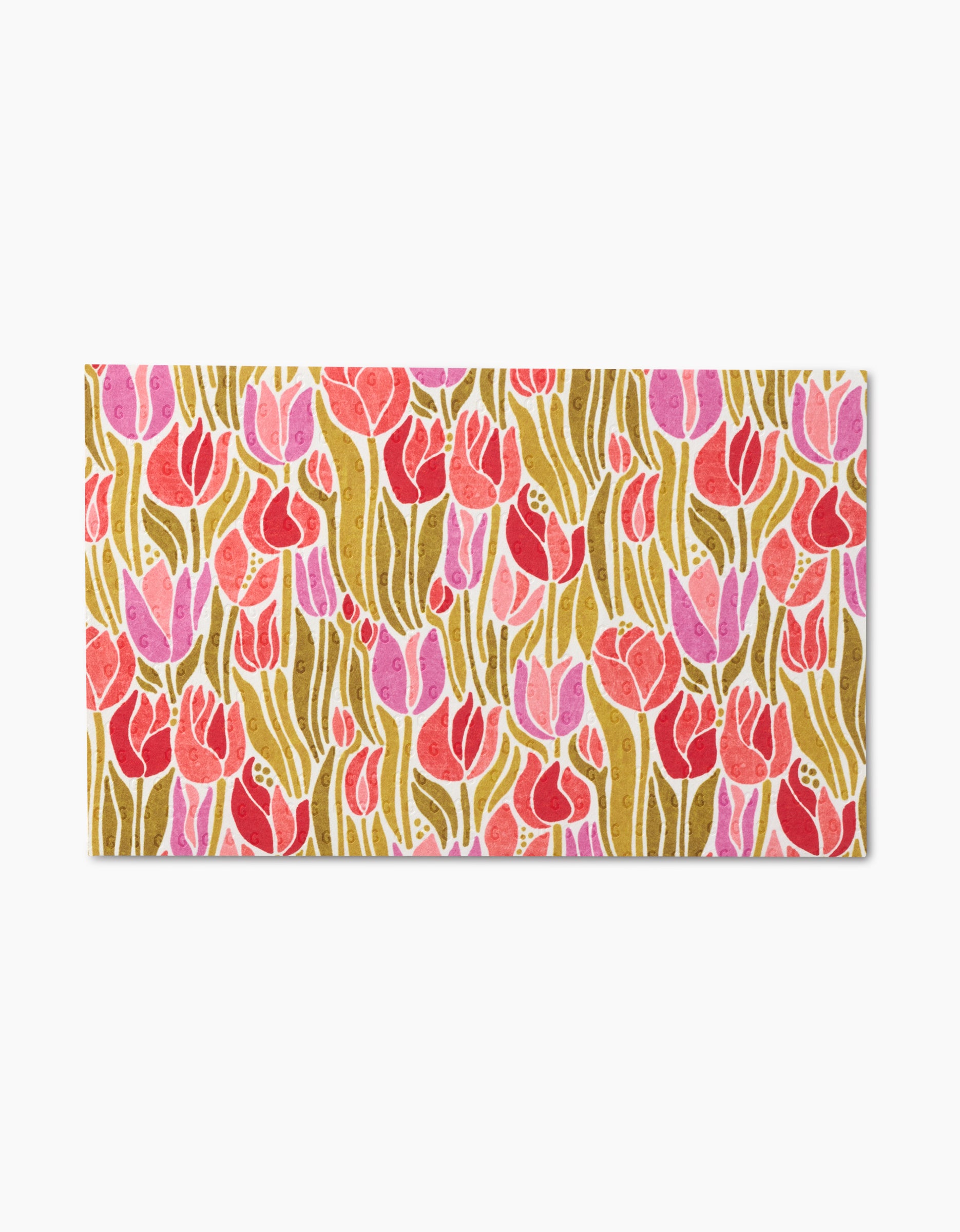 The Sidney mat by Amy MacCready showcases pink and red tulips with green stems on a mustard yellow background and is made from eco-friendly recycled materials.