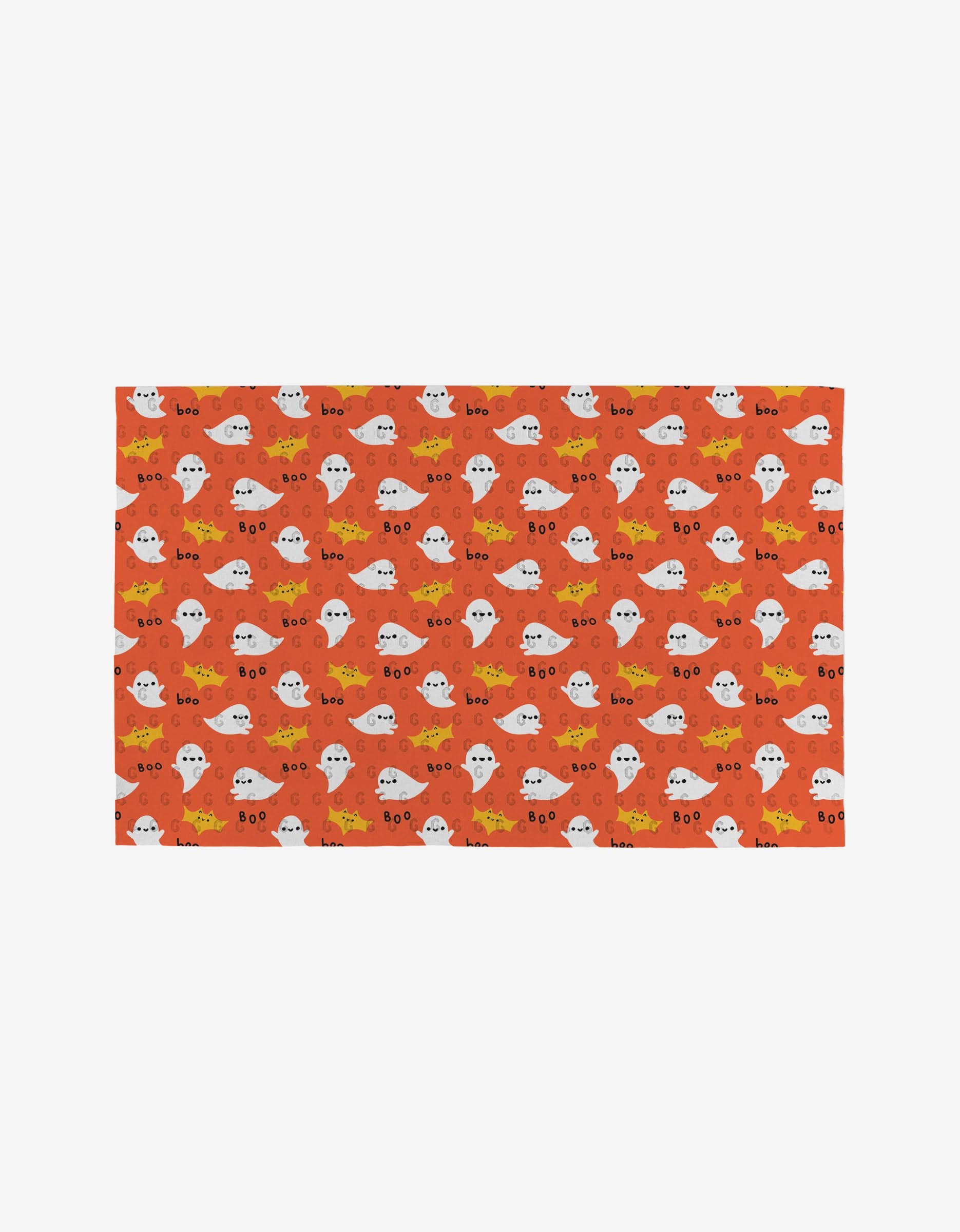 Spooky Season by Genna Blackburn is a rectangular mat with an orange background and a repeating pattern of cute white, yellow, and orange cartoon ghosts—some saying boo—with stars and dots. Made from environmentally friendly materials.