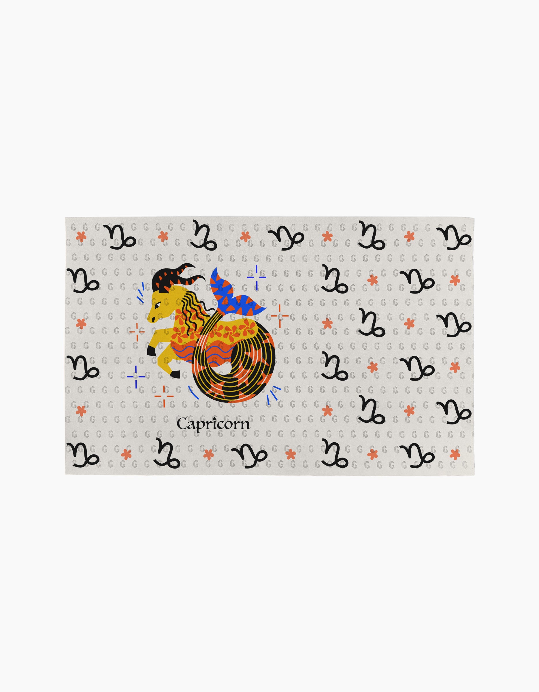 Steadfast Capricorn by Heather Zhou: an artistic illustration of the Capricorn zodiac, depicting a goat with a colorful fish tail amid repeating symbols and stars on a light, eco-friendly kitchen towel-inspired background.
