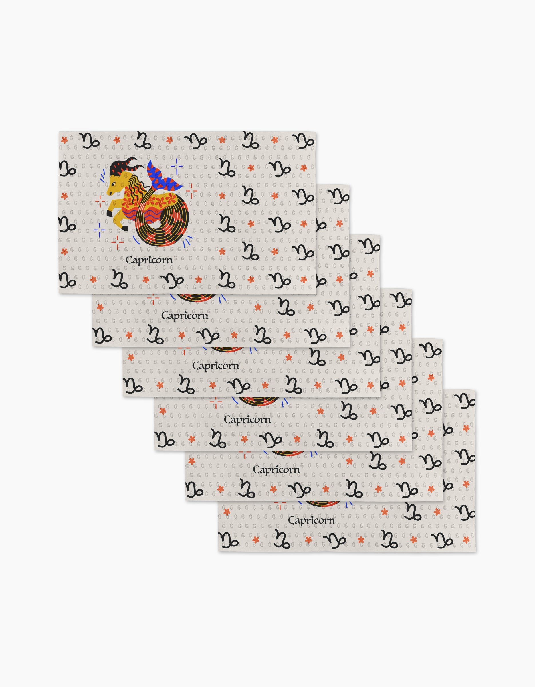 Steadfast Capricorn by Heather Zhou: Set of 6 rectangular cards with a goat-fish Capricorn symbol, colorful stars, and repeated black glyphs on a light background. "Capricorn" appears on each card. Perfectly pairs with eco-friendly kitchen towels.