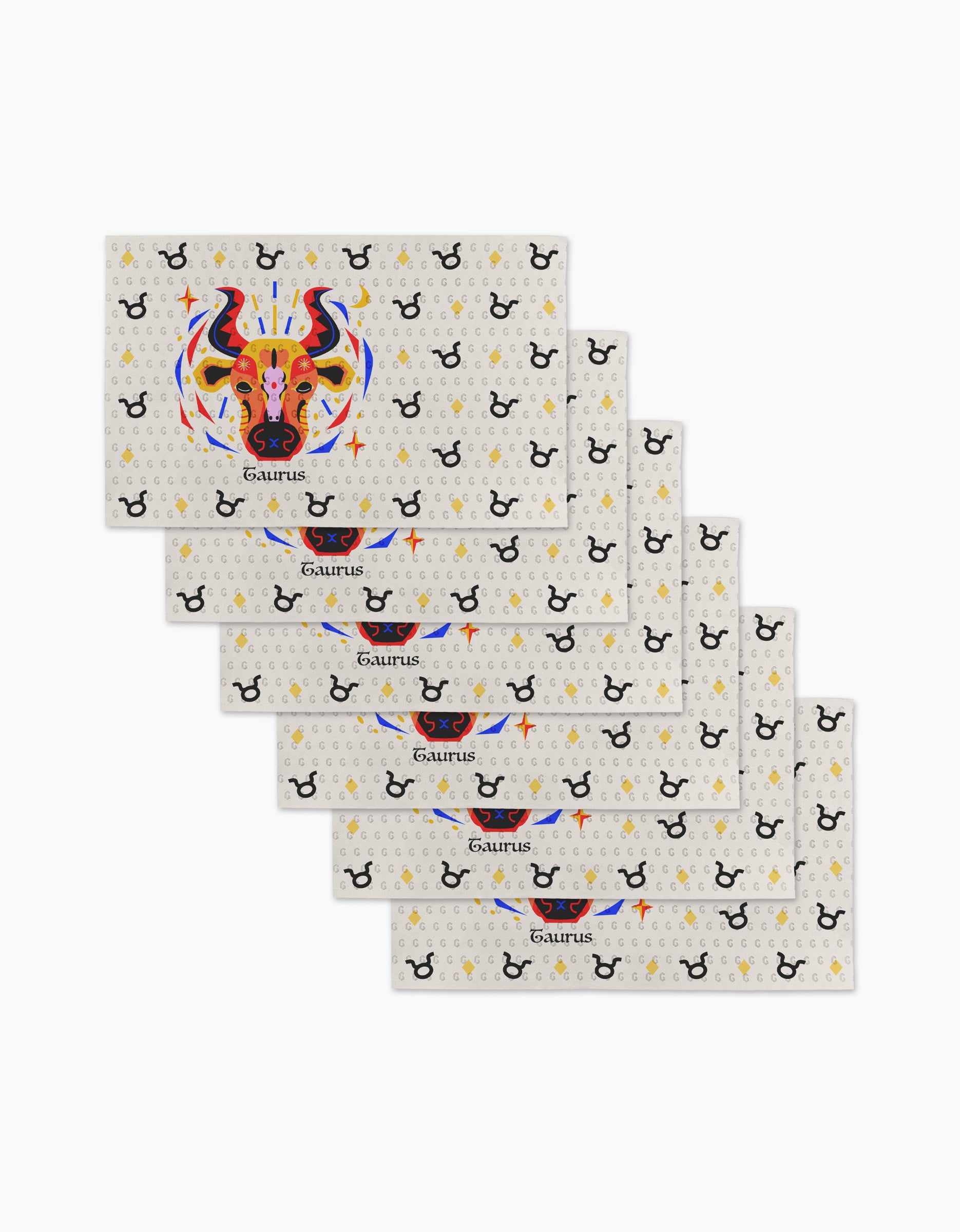 Six Steady Taurus cards by Heather Zhou feature a colorful bull head over a white background with Taurus symbols and yellow diamonds—a stylish way to promote eco-friendly paper towels.