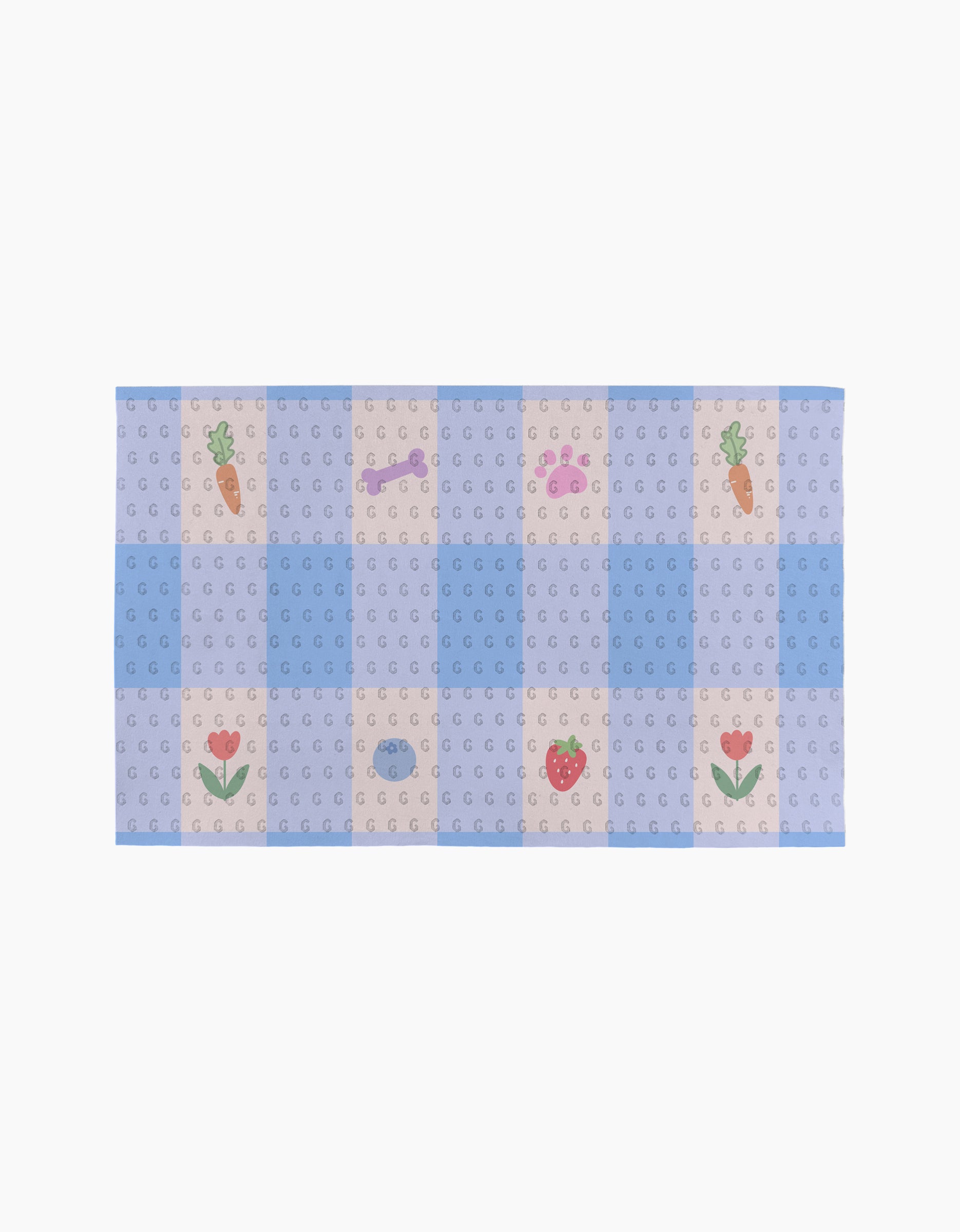 Summer Picnic Dreams by Letters By Shells is a rectangular pastel mat with a blue and beige checkered pattern, featuring small carrot, tulip, strawberry, dog bone, and fish illustrations—ideal for your eco-friendly or reusable Not Paper Towels.