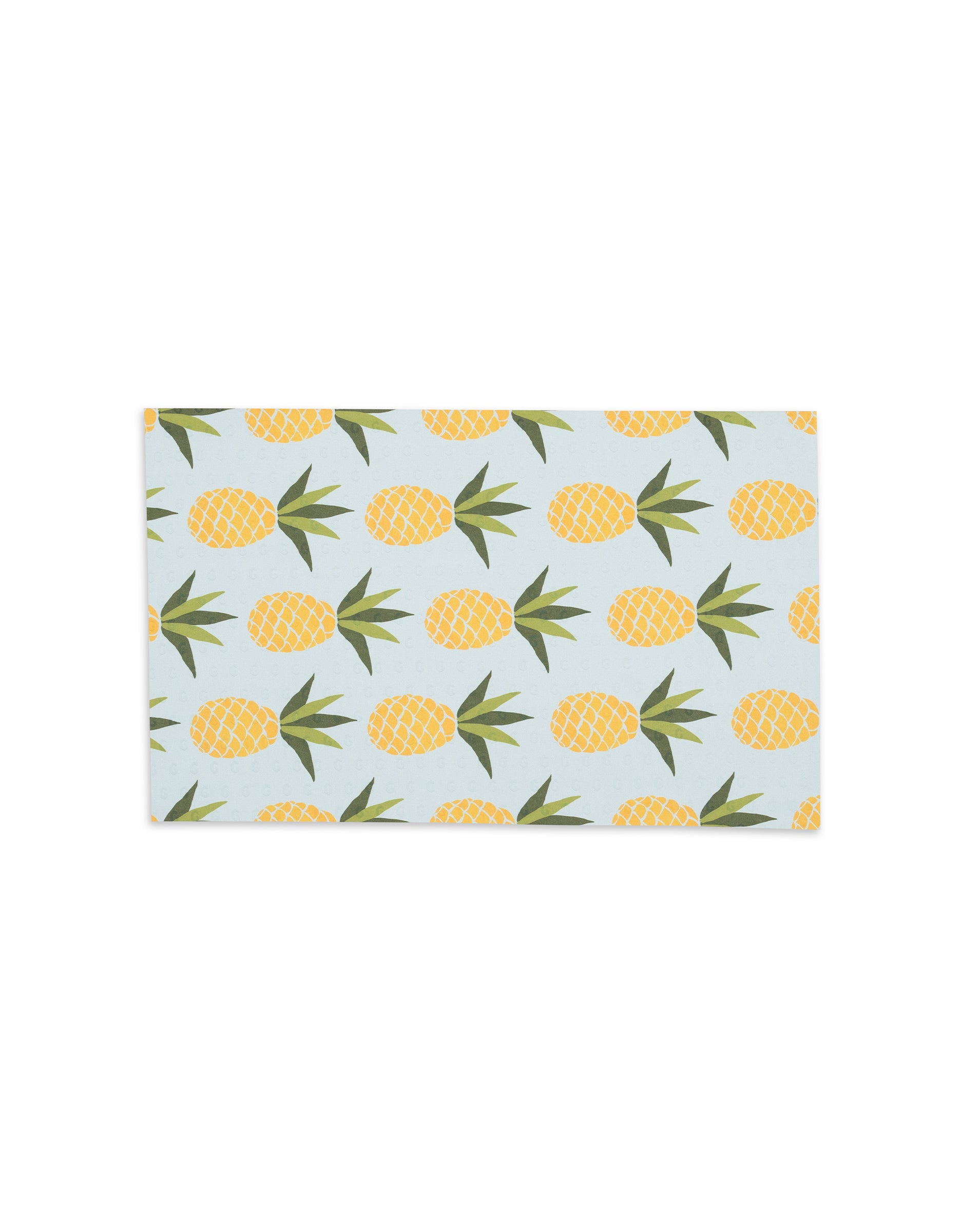 The GEOMETRY Sweet Summer Mix 2 mat is a rectangular, reusable option with a vibrant pattern of yellow pineapples and green leaves on light blue—a stylish, eco-friendly choice for any space.