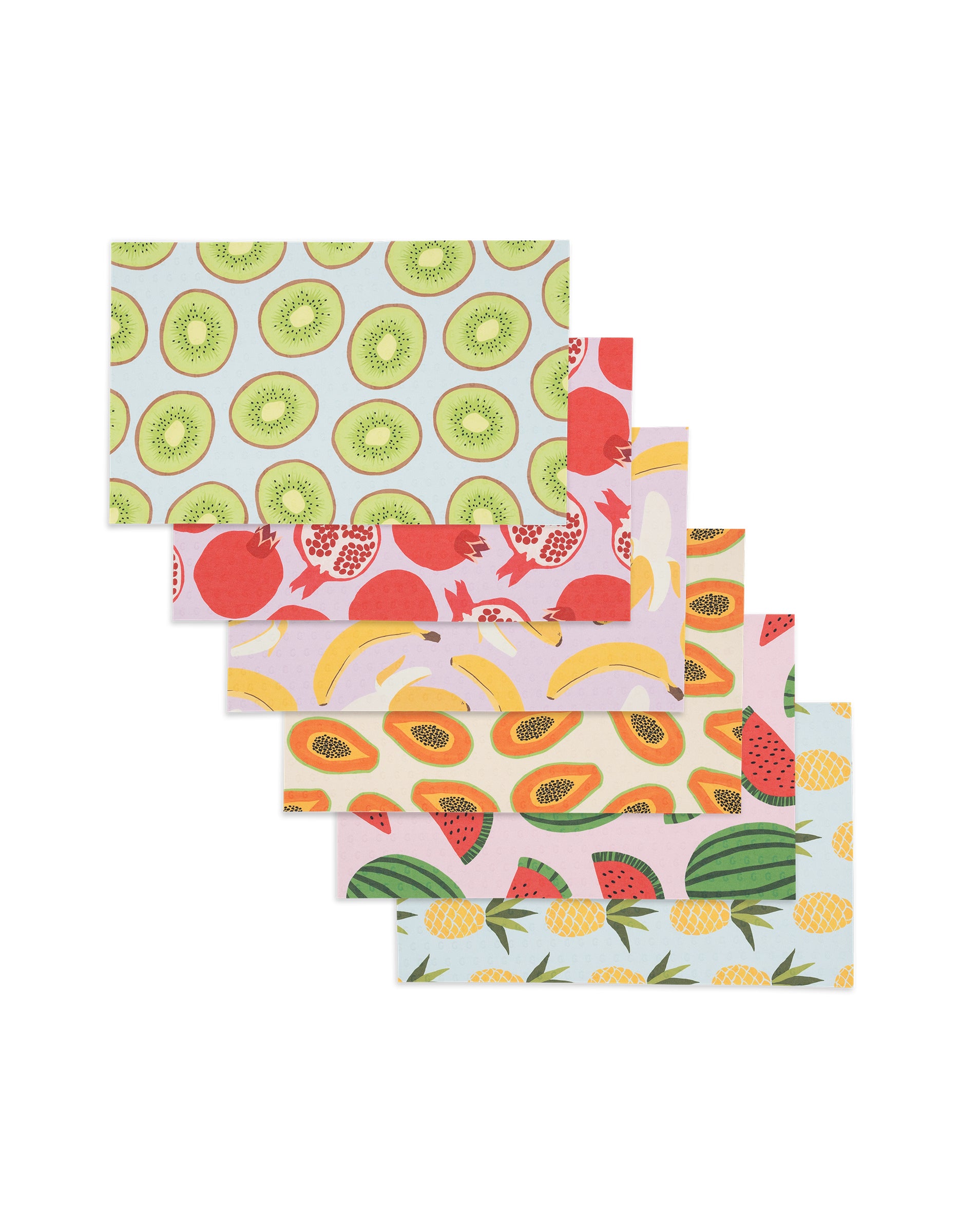 Five rectangular sheets from GEOMETRYs Sweet Summer Mix 2, each featuring a vibrant fruit pattern—kiwi, pomegranate, banana, watermelon, and pineapple—are stacked in a fan. These eco-friendly towels are reusable, not disposable paper.