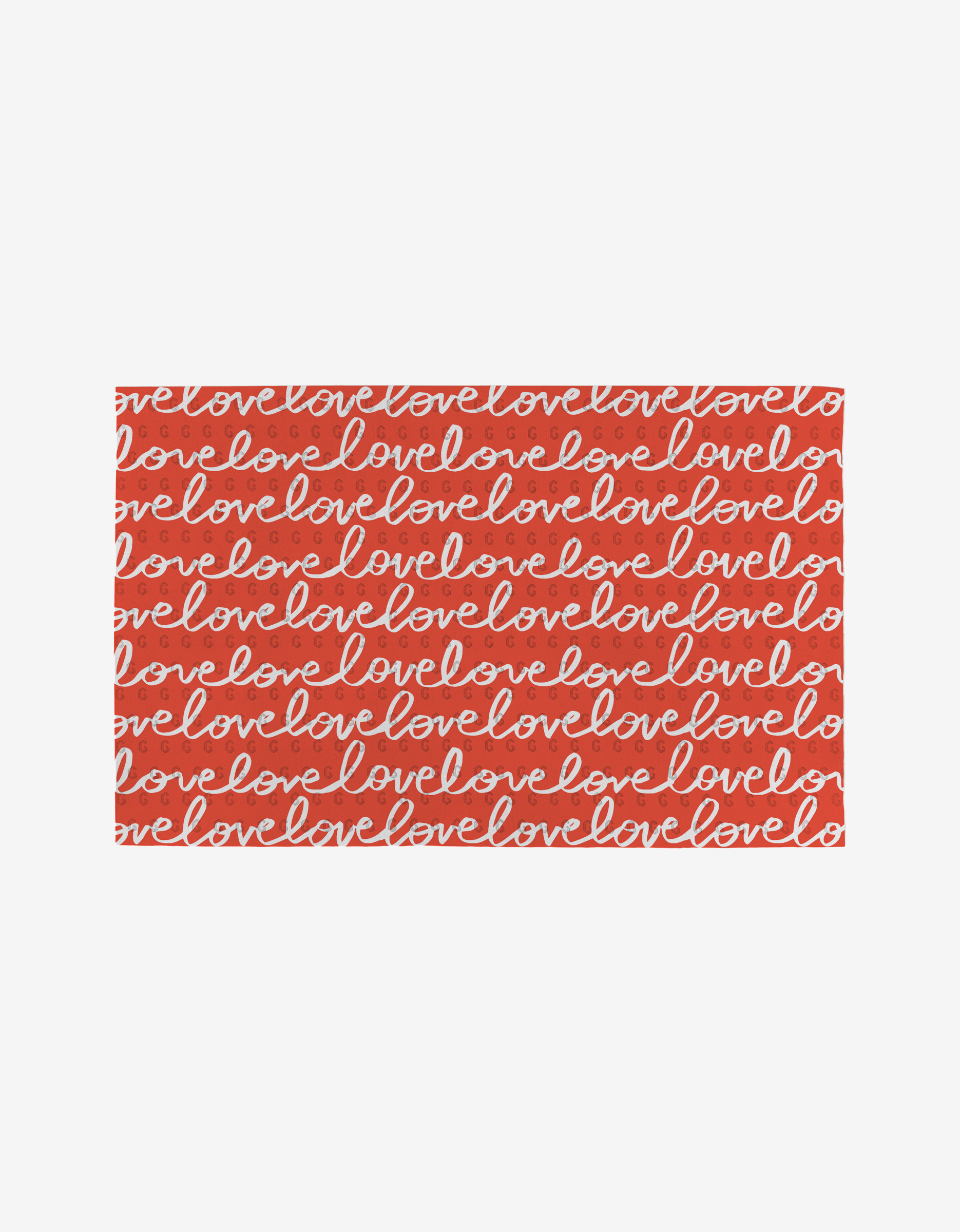 Swooning Hearts by Kayla Ann features a red background with love in white cursive, forming a seamless pattern—ideal for reusable paper towels crafted from post-consumer recycled materials.