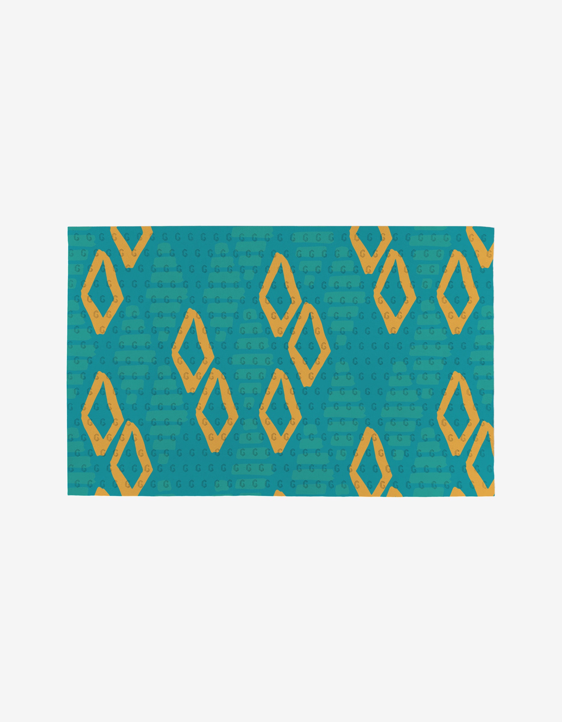 The Sareka Unique Unique mat is rectangular, teal, and features yellow-orange diamonds with circular dots, crafted from eco-friendly post-consumer recycled materials.
