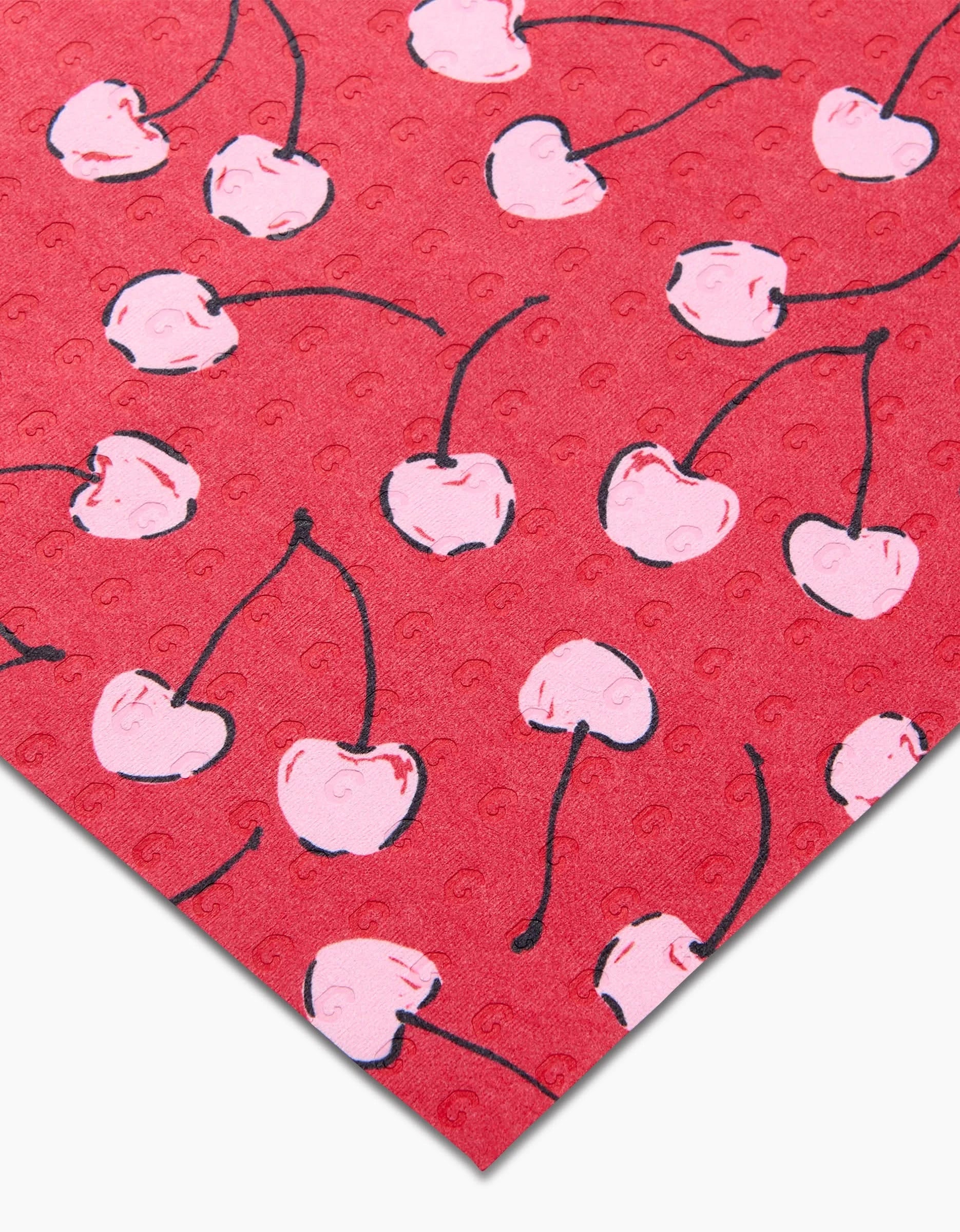 Valentines Fruit Cherry by Hufton Studio features red fabric with pink cherries and black stems plus a subtle swirl texture—ideal for chic, eco-friendly kitchen towels as a sustainable alternative to conventional options.