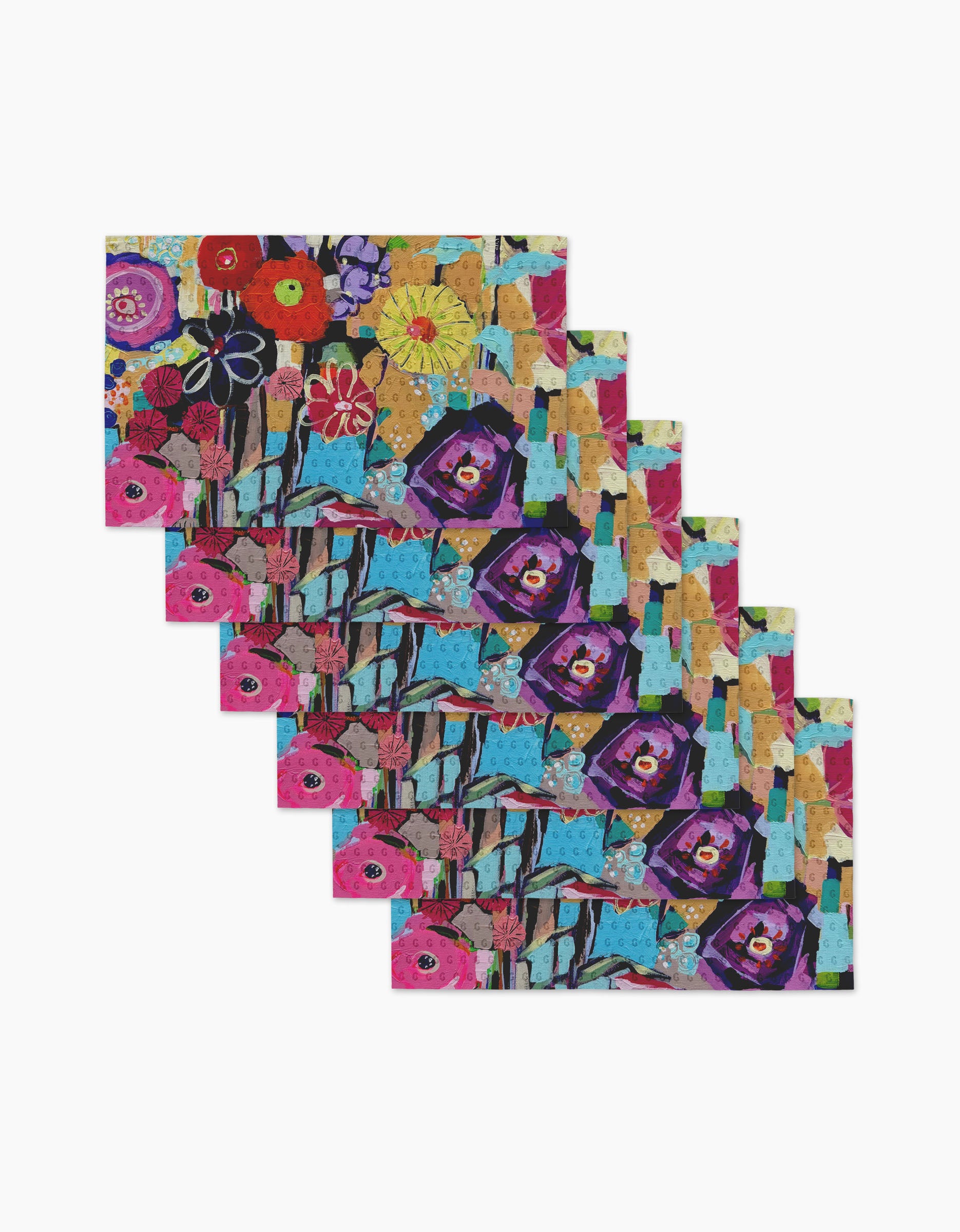 The Vera set by Ania Zwara Art includes six rectangular reusable paper towels featuring a vibrant abstract floral pattern in pink, yellow, red, blue, purple, and black on a light background, displayed in a fanned-out stack.