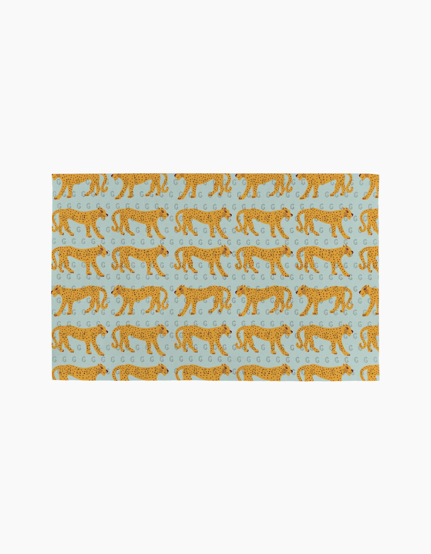 The Walking Cheetah rug by Jasmine Blooms Designs is a light blue rectangular rug with orange cheetahs walking left and decorative swirls—an ideal eco-friendly accent for homes that use reusable paper towels.