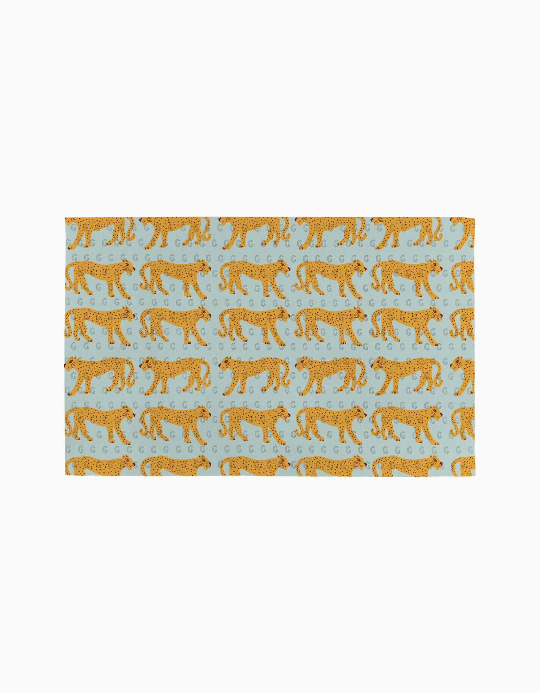 The Walking Cheetah rug by Jasmine Blooms Designs is a light blue rectangular rug with orange cheetahs walking left and decorative swirls—an ideal eco-friendly accent for homes that use reusable paper towels.