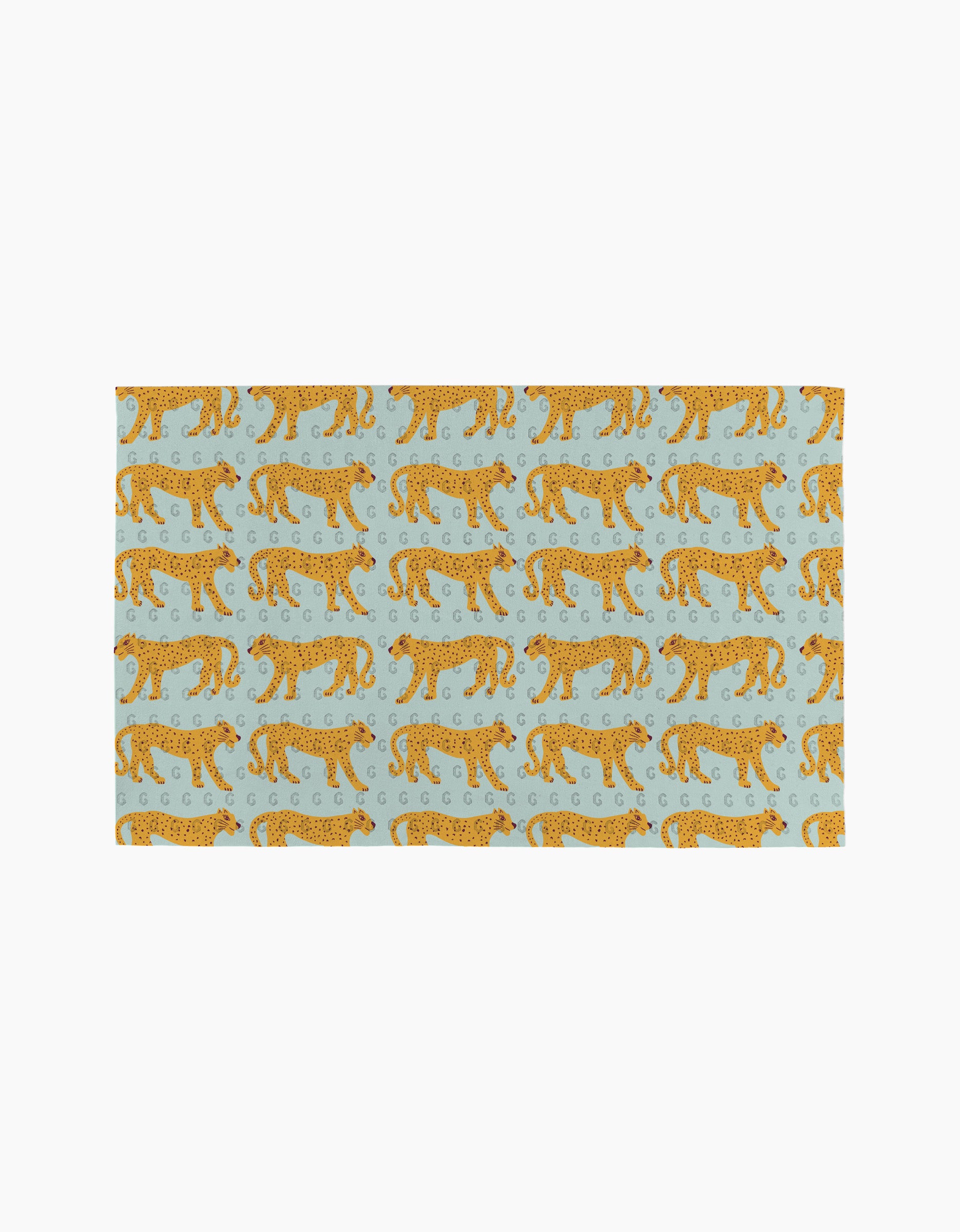 The Walking Cheetah rug by Jasmine Blooms Designs is a light blue rectangular rug with orange cheetahs walking left and decorative swirls—an ideal eco-friendly accent for homes that use reusable paper towels.