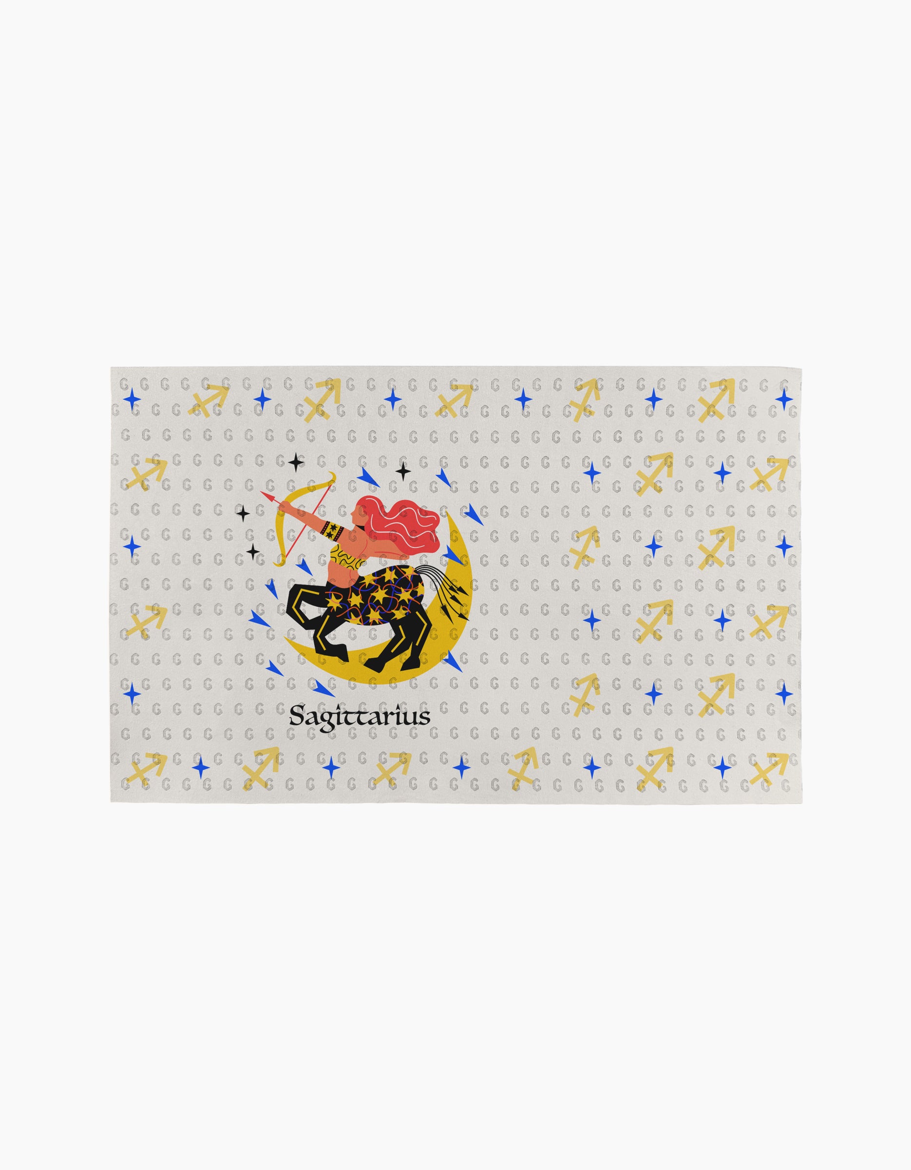 The Wild Sagittarius card by Heather Zhou features a centaur archer amid yellow Sagittarius symbols and blue crosses—an ideal gift when paired with eco-friendly kitchen towels or other sustainable essentials.