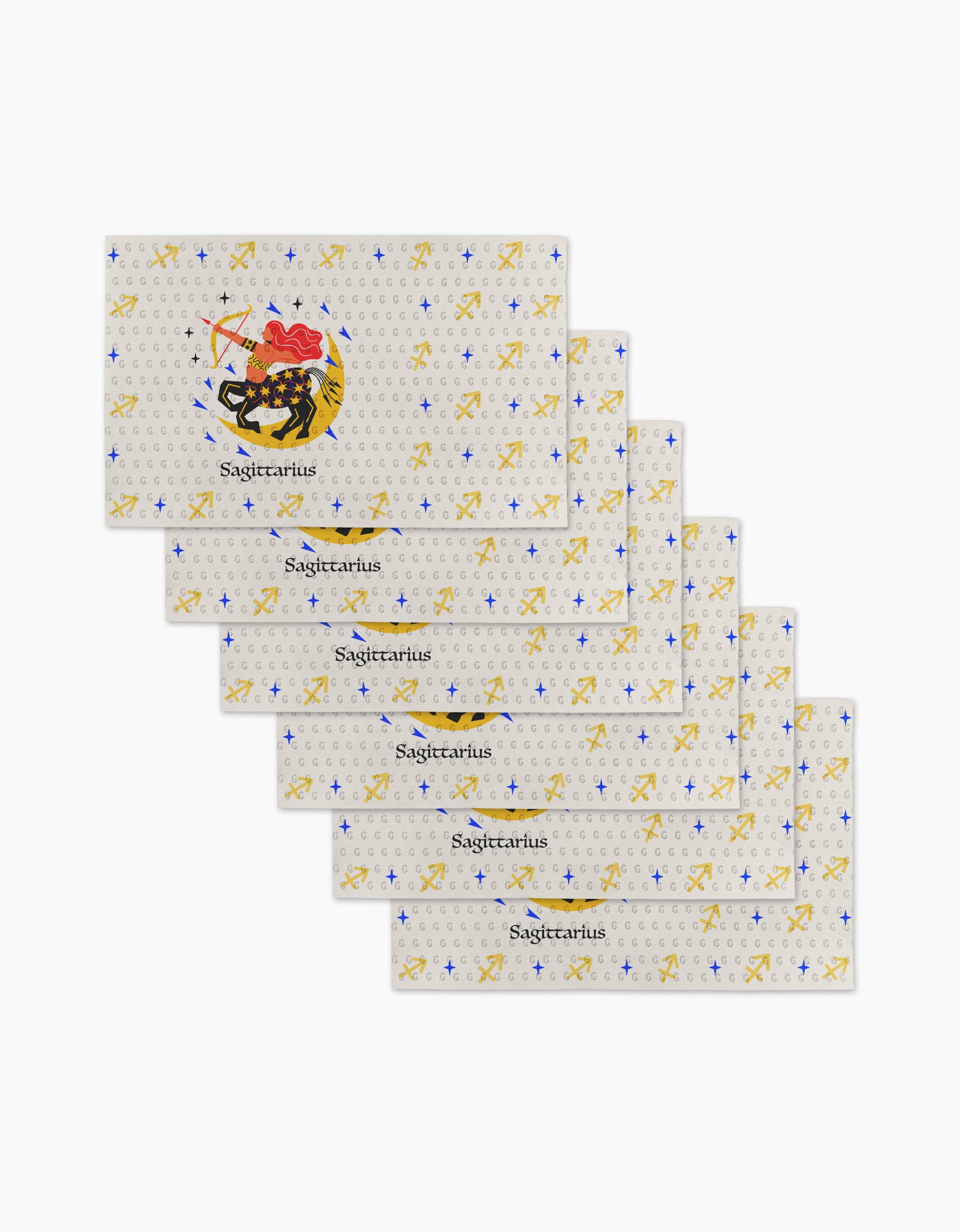 Six rectangular cards from Heather Zhou’s Wild Sagittarius feature the zodiac’s centaur archer in yellow and red, layered on patterned blue and yellow backgrounds—ideal inspiration for eco-friendly kitchen towel designs.
